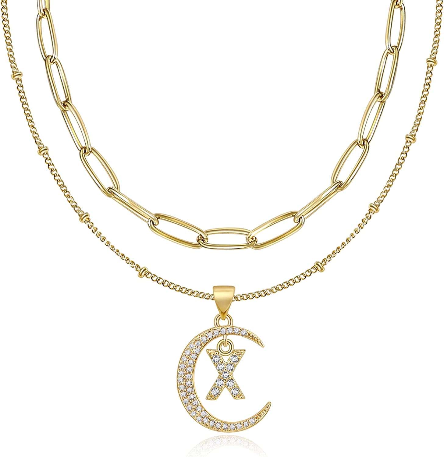 Gold Moon Initial Necklace for Women Cubic Zirconia Necklace Crescent Moon Letter a to Z Pendant Necklaces 14K Gold Plated Dainty Layered Paperclip Link Chain Choker Jewelry Gift for Her X Initial Necklace