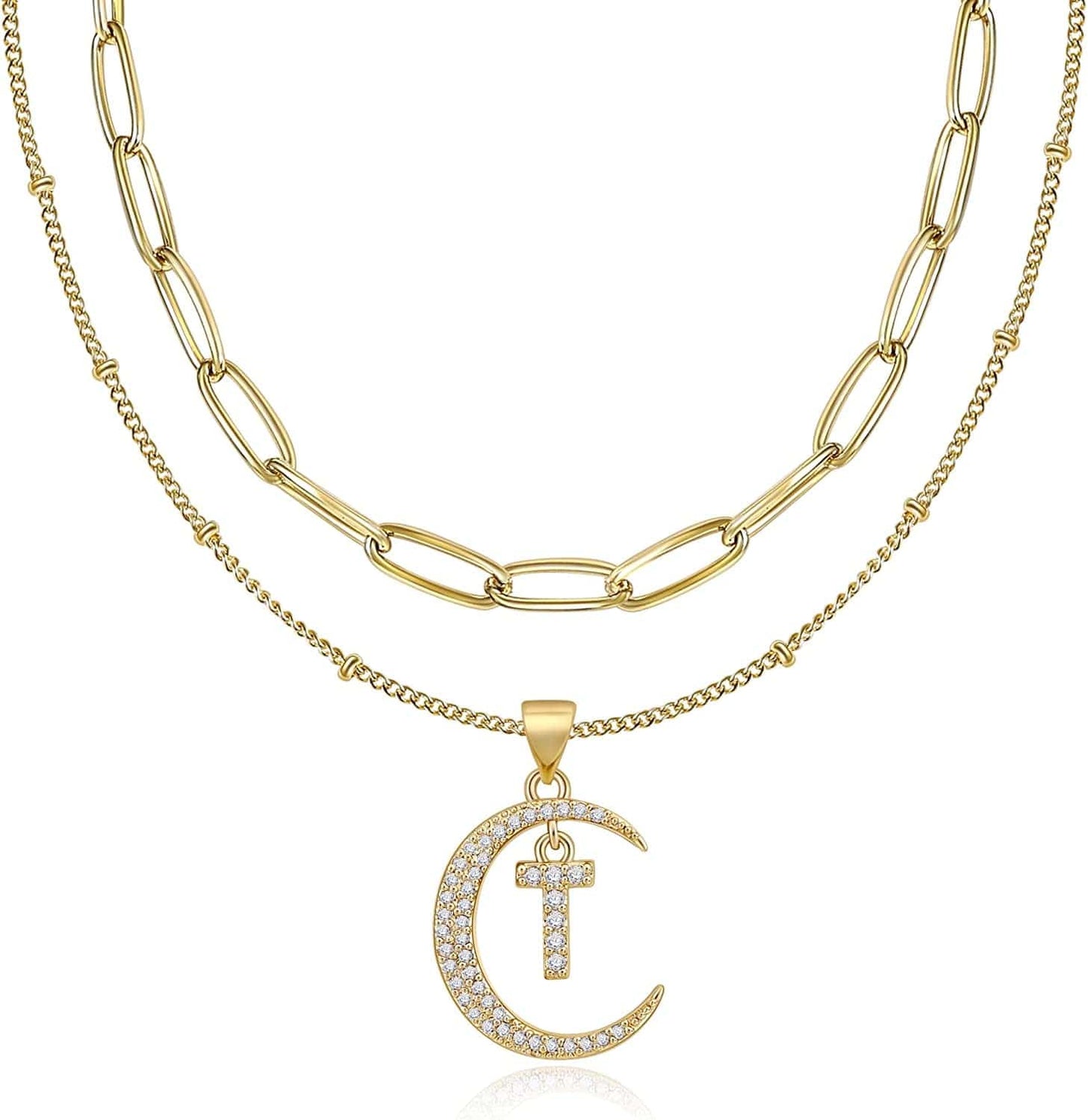 Gold Moon Initial Necklace for Women Cubic Zirconia Necklace Crescent Moon Letter a to Z Pendant Necklaces 14K Gold Plated Dainty Layered Paperclip Link Chain Choker Jewelry Gift for Her T