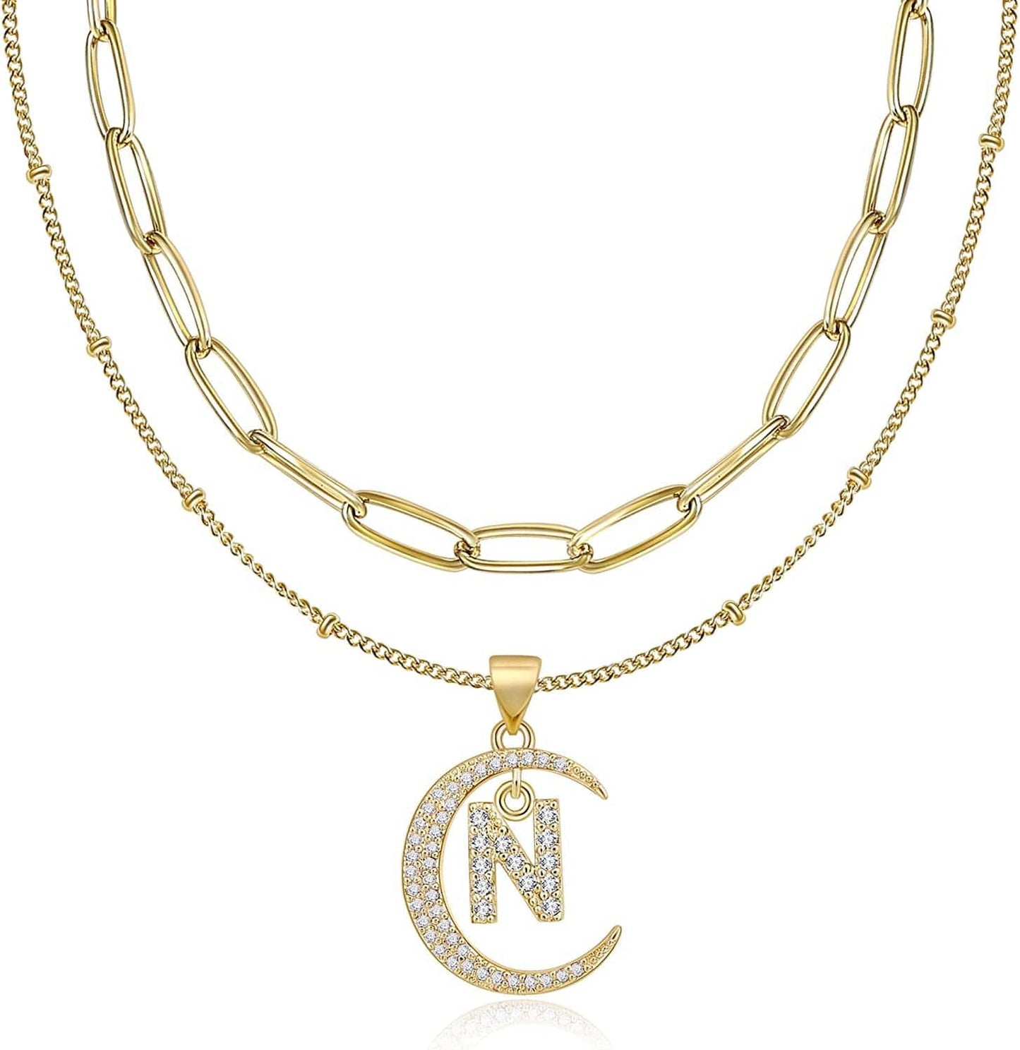 Gold Moon Initial Necklace for Women Cubic Zirconia Necklace Crescent Moon Letter a to Z Pendant Necklaces 14K Gold Plated Dainty Layered Paperclip Link Chain Choker Jewelry Gift for Her N