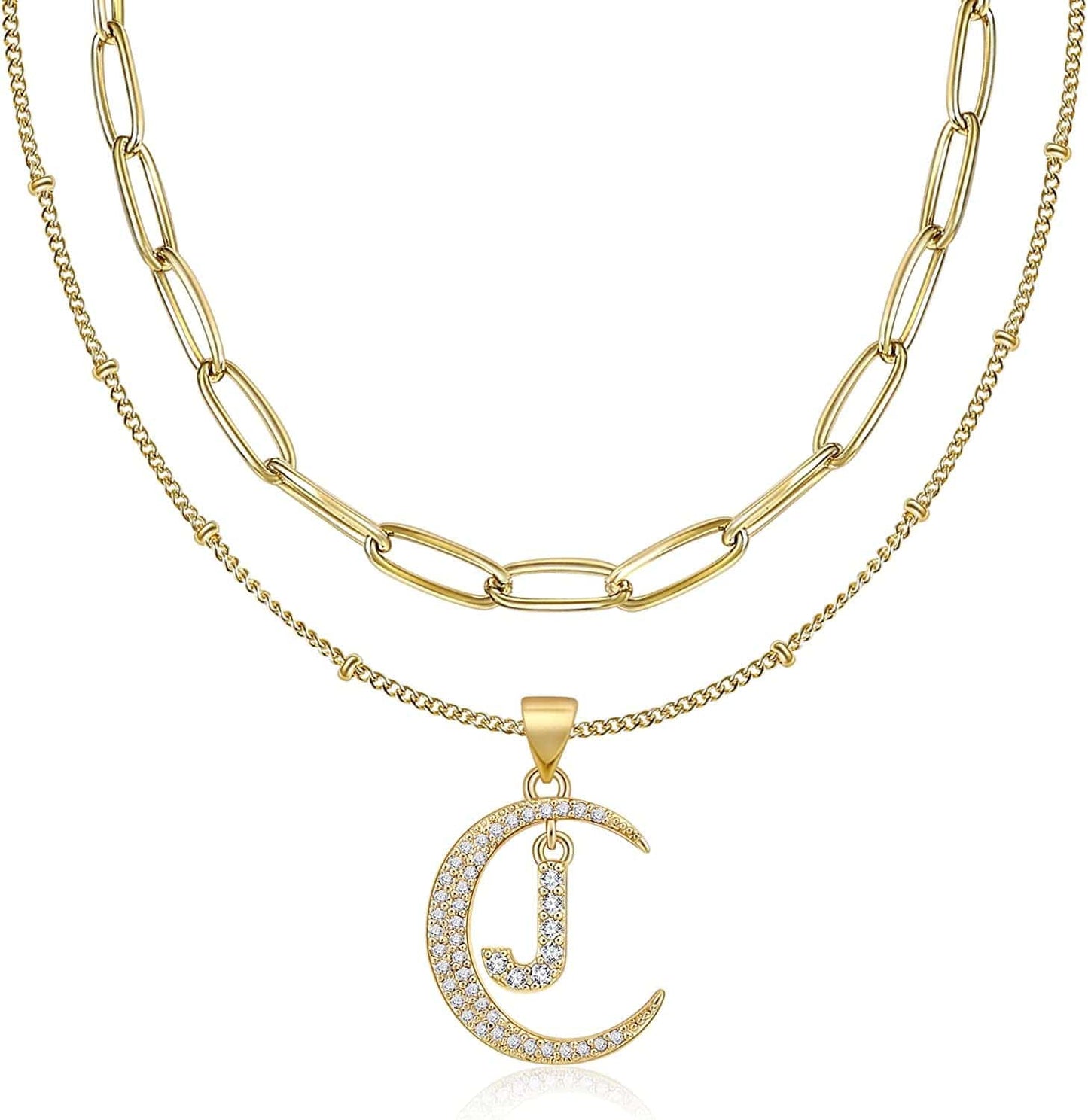 Gold Moon Initial Necklace for Women Cubic Zirconia Necklace Crescent Moon Letter a to Z Pendant Necklaces 14K Gold Plated Dainty Layered Paperclip Link Chain Choker Jewelry Gift for Her J initial necklace