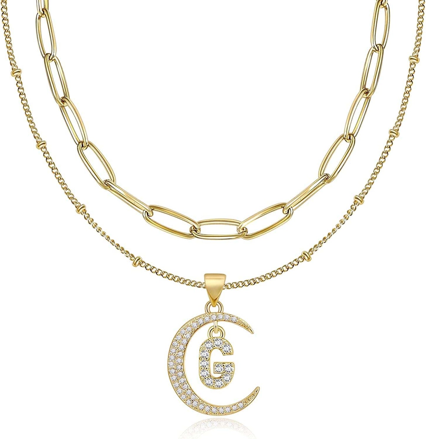 Gold Moon Initial Necklace for Women Cubic Zirconia Necklace Crescent Moon Letter a to Z Pendant Necklaces 14K Gold Plated Dainty Layered Paperclip Link Chain Choker Jewelry Gift for Her G Initial Necklace