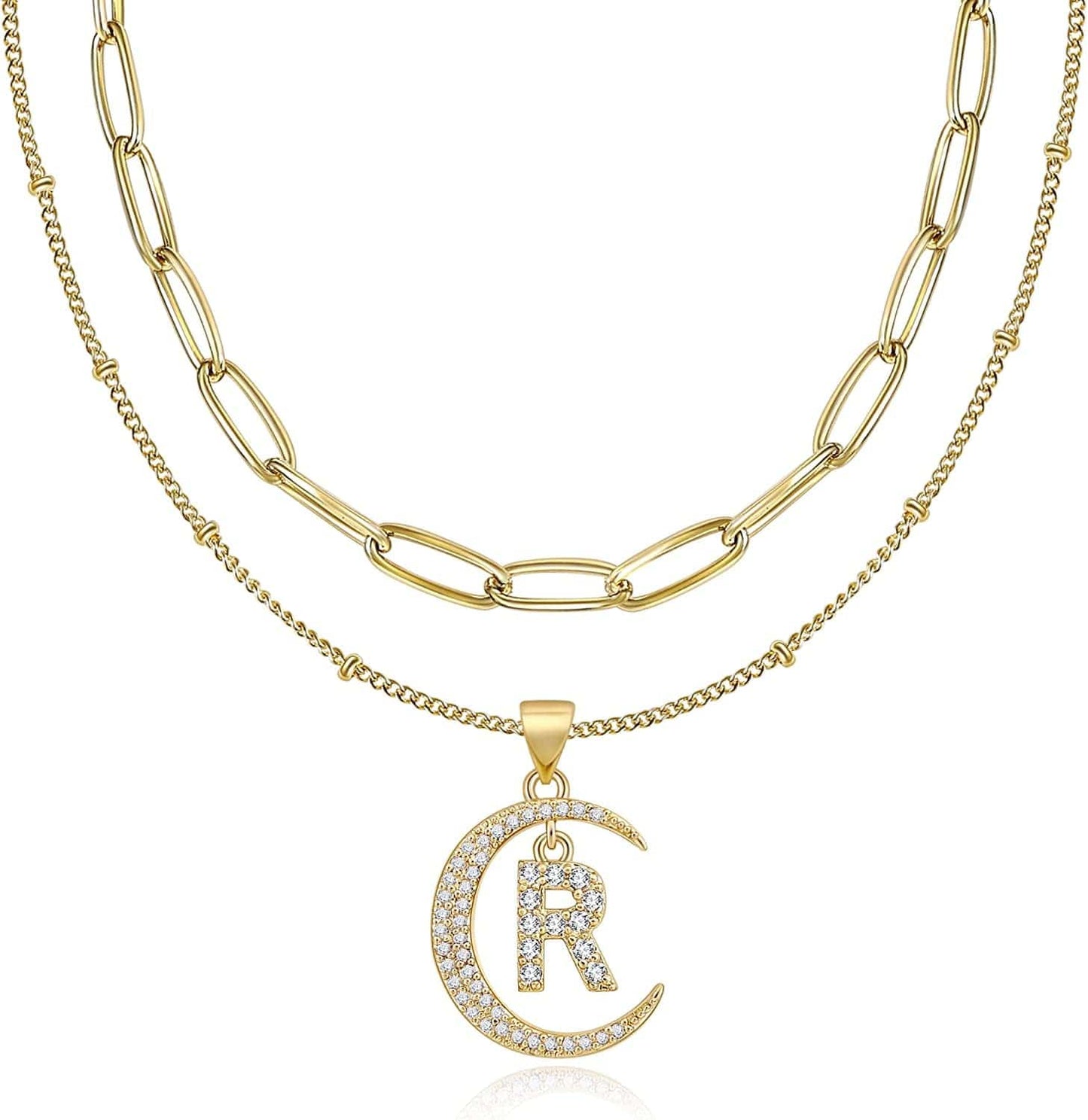 Gold Moon Initial Necklace for Women Cubic Zirconia Necklace Crescent Moon Letter a to Z Pendant Necklaces 14K Gold Plated Dainty Layered Paperclip Link Chain Choker Jewelry Gift for Her R