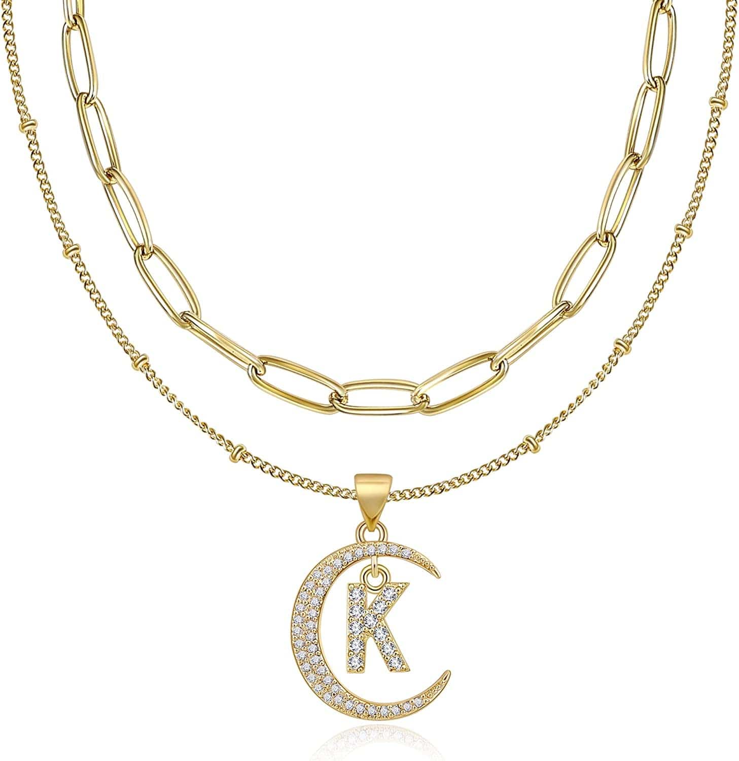 Gold Moon Initial Necklace for Women Cubic Zirconia Necklace Crescent Moon Letter a to Z Pendant Necklaces 14K Gold Plated Dainty Layered Paperclip Link Chain Choker Jewelry Gift for Her K initial necklace