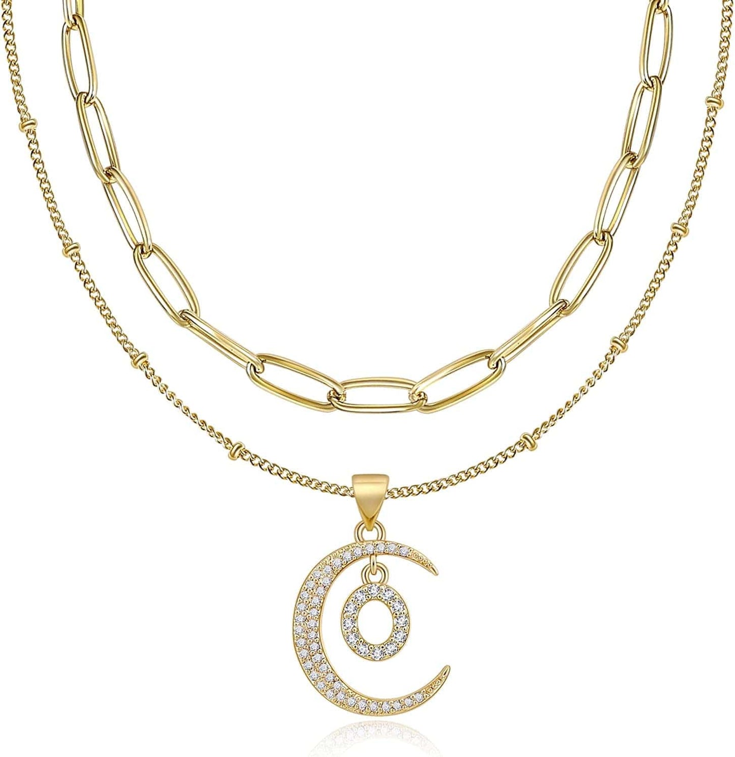 Gold Moon Initial Necklace for Women Cubic Zirconia Necklace Crescent Moon Letter a to Z Pendant Necklaces 14K Gold Plated Dainty Layered Paperclip Link Chain Choker Jewelry Gift for Her O