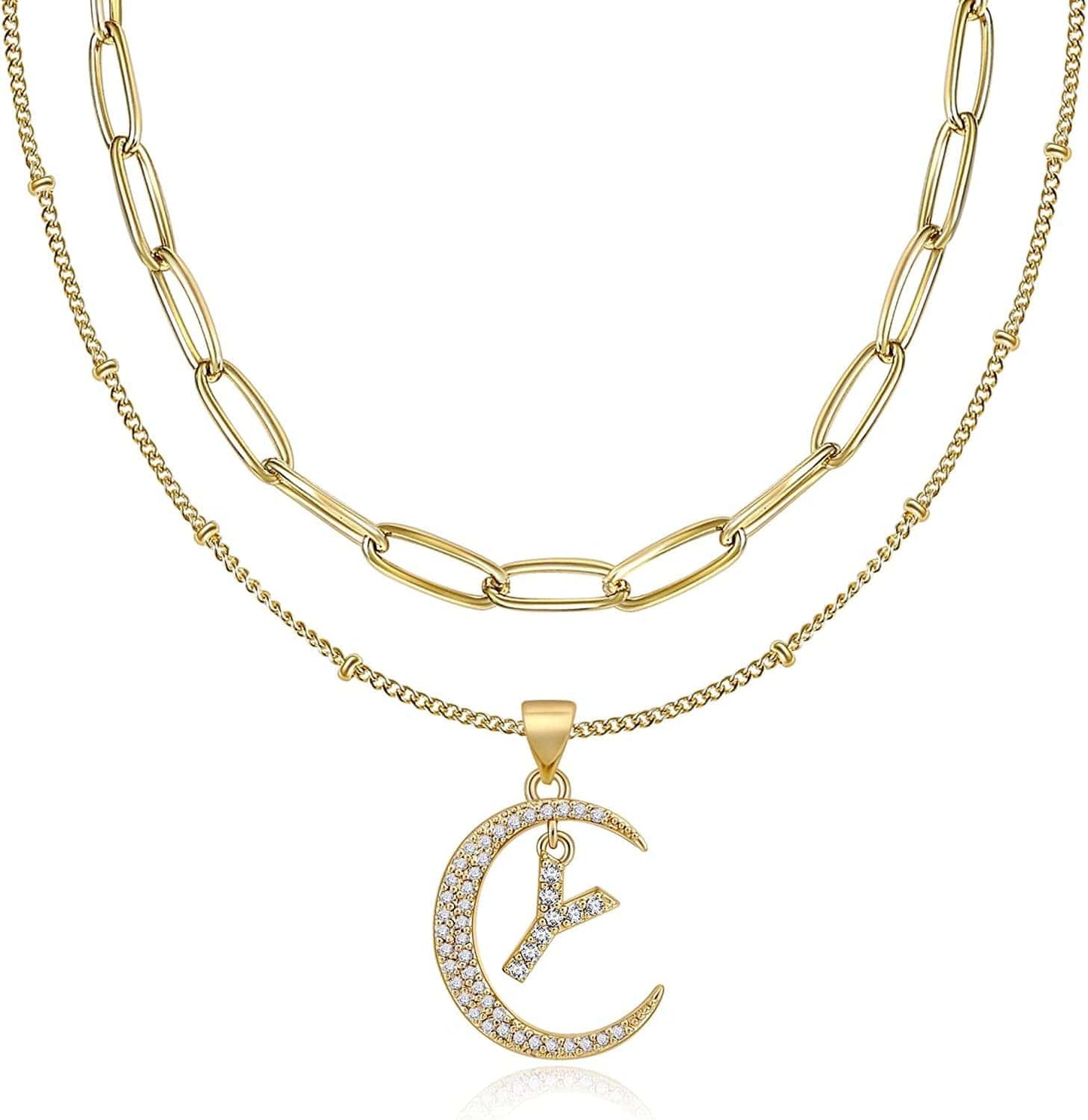 Gold Moon Initial Necklace for Women Cubic Zirconia Necklace Crescent Moon Letter a to Z Pendant Necklaces 14K Gold Plated Dainty Layered Paperclip Link Chain Choker Jewelry Gift for Her Y