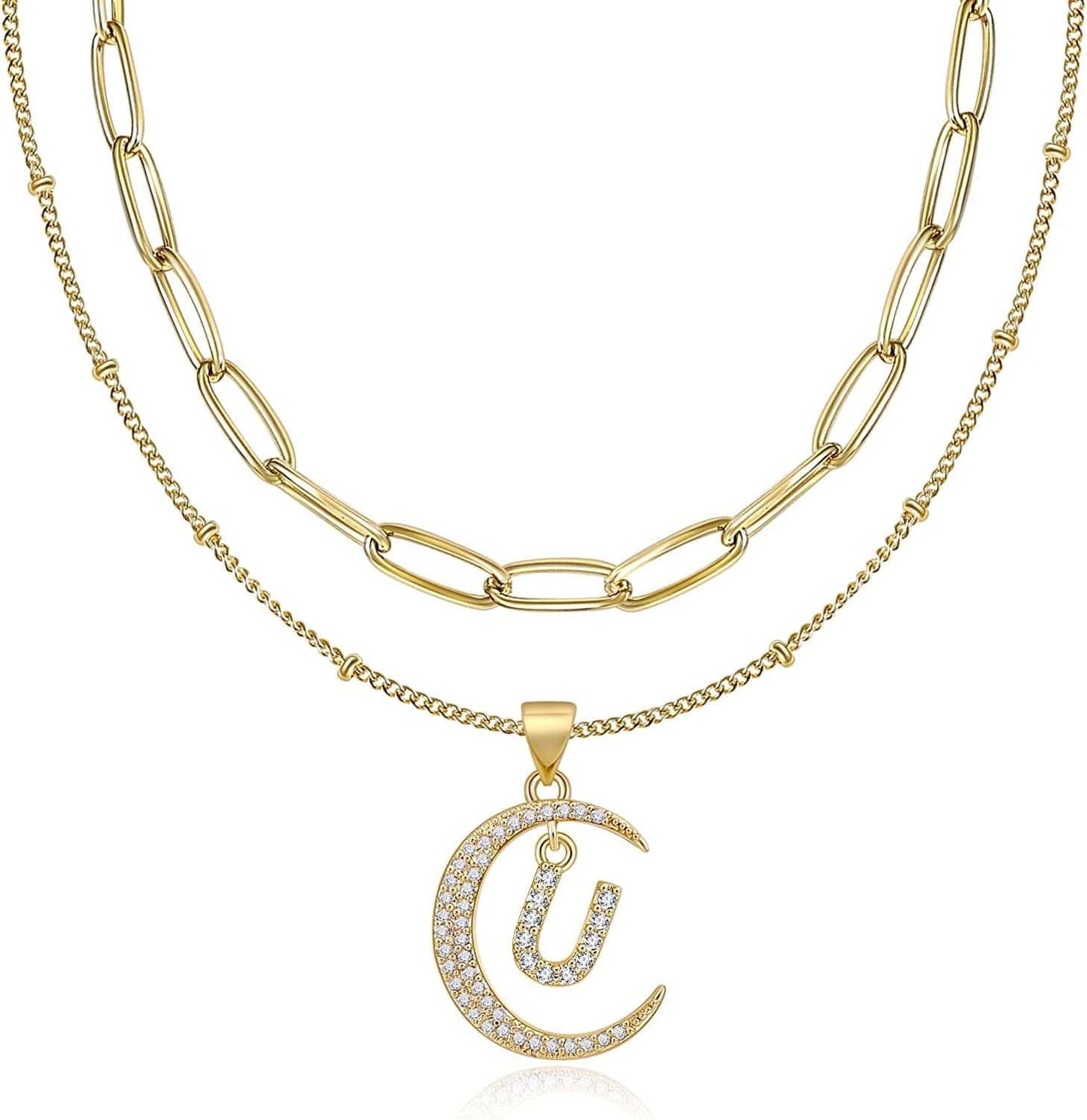 Gold Moon Initial Necklace for Women Cubic Zirconia Necklace Crescent Moon Letter a to Z Pendant Necklaces 14K Gold Plated Dainty Layered Paperclip Link Chain Choker Jewelry Gift for Her U