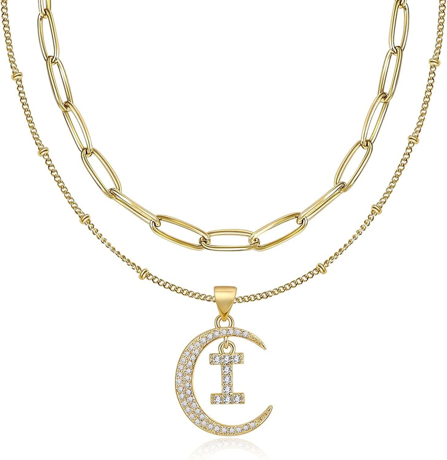 Gold Moon Initial Necklace for Women Cubic Zirconia Necklace Crescent Moon Letter a to Z Pendant Necklaces 14K Gold Plated Dainty Layered Paperclip Link Chain Choker Jewelry Gift for Her I