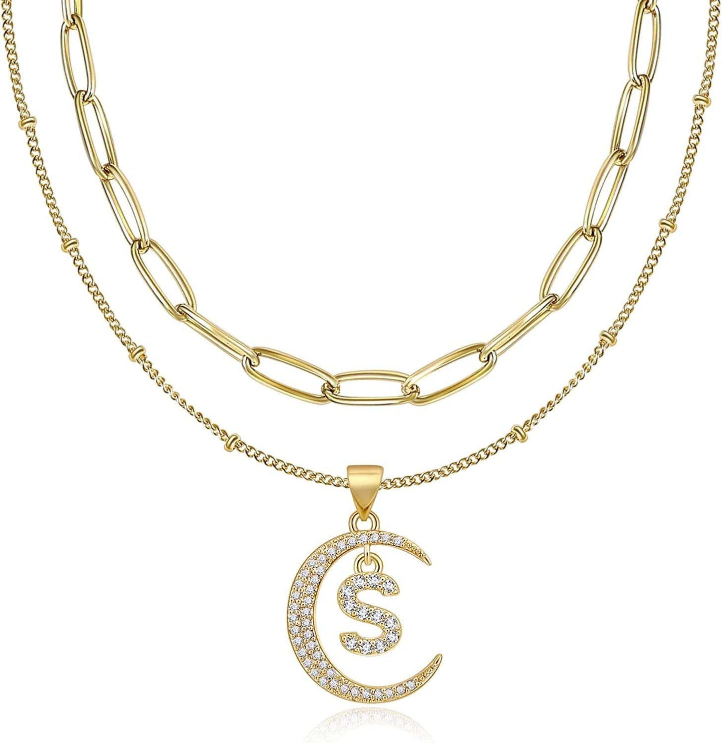 Gold Moon Initial Necklace for Women Cubic Zirconia Necklace Crescent Moon Letter a to Z Pendant Necklaces 14K Gold Plated Dainty Layered Paperclip Link Chain Choker Jewelry Gift for Her S