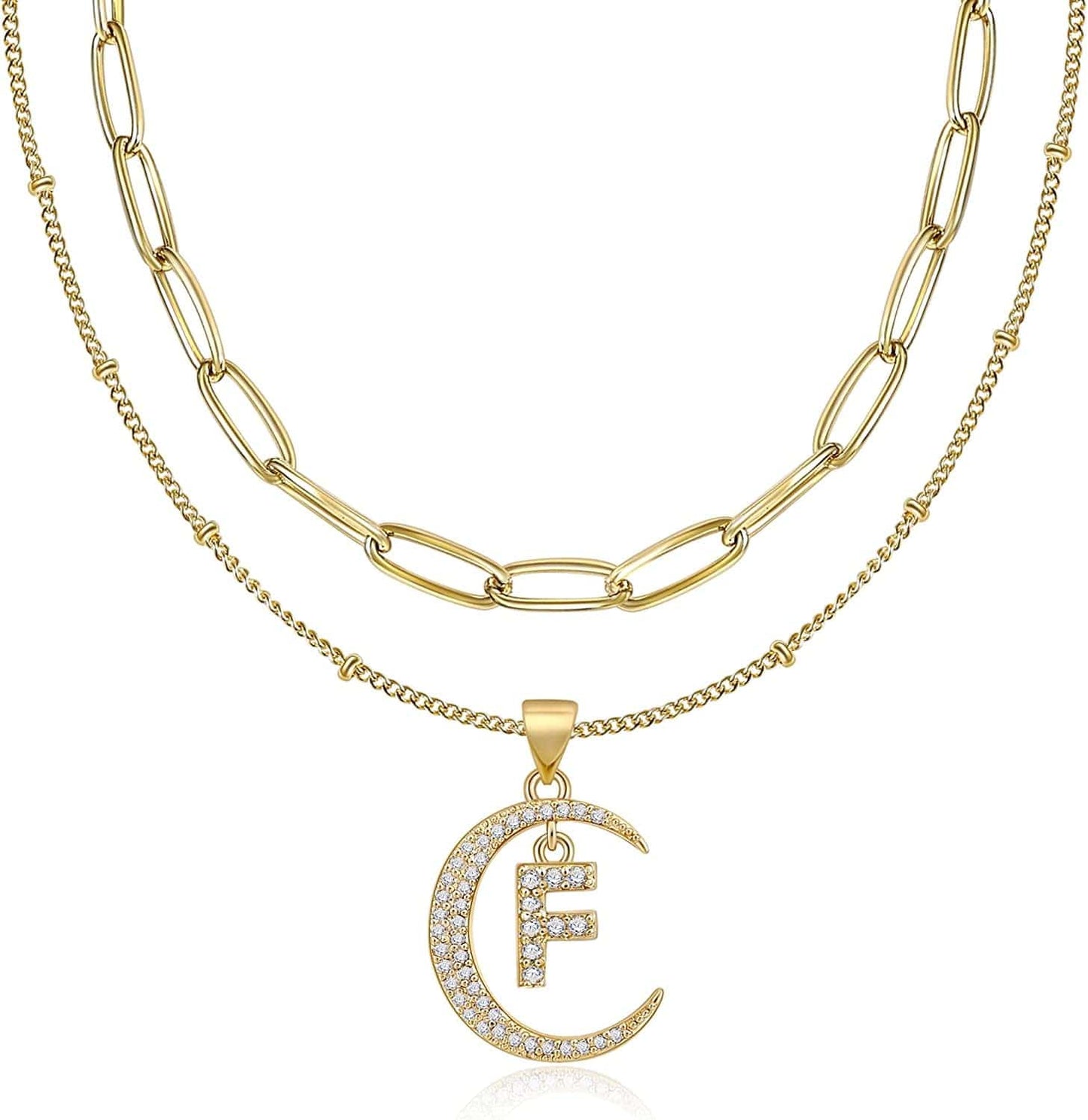 Gold Moon Initial Necklace for Women Cubic Zirconia Necklace Crescent Moon Letter a to Z Pendant Necklaces 14K Gold Plated Dainty Layered Paperclip Link Chain Choker Jewelry Gift for Her F