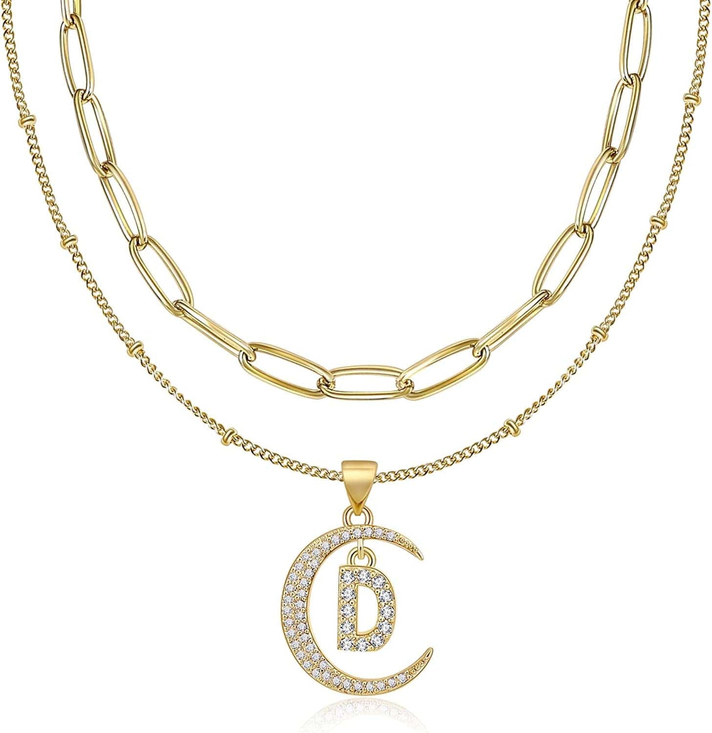 Gold Moon Initial Necklace for Women Cubic Zirconia Necklace Crescent Moon Letter a to Z Pendant Necklaces 14K Gold Plated Dainty Layered Paperclip Link Chain Choker Jewelry Gift for Her D
