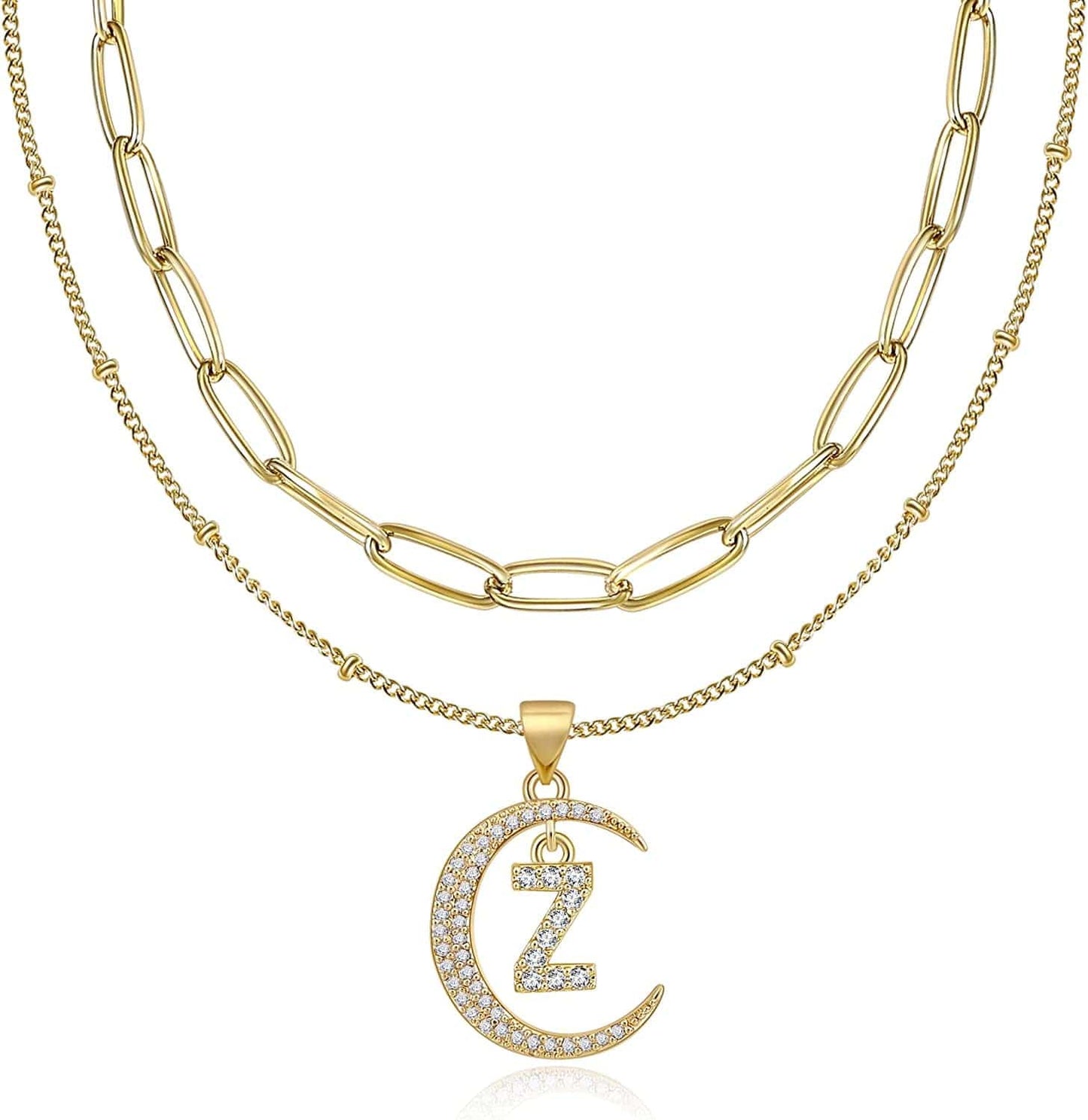 Gold Moon Initial Necklace for Women Cubic Zirconia Necklace Crescent Moon Letter a to Z Pendant Necklaces 14K Gold Plated Dainty Layered Paperclip Link Chain Choker Jewelry Gift for Her Z