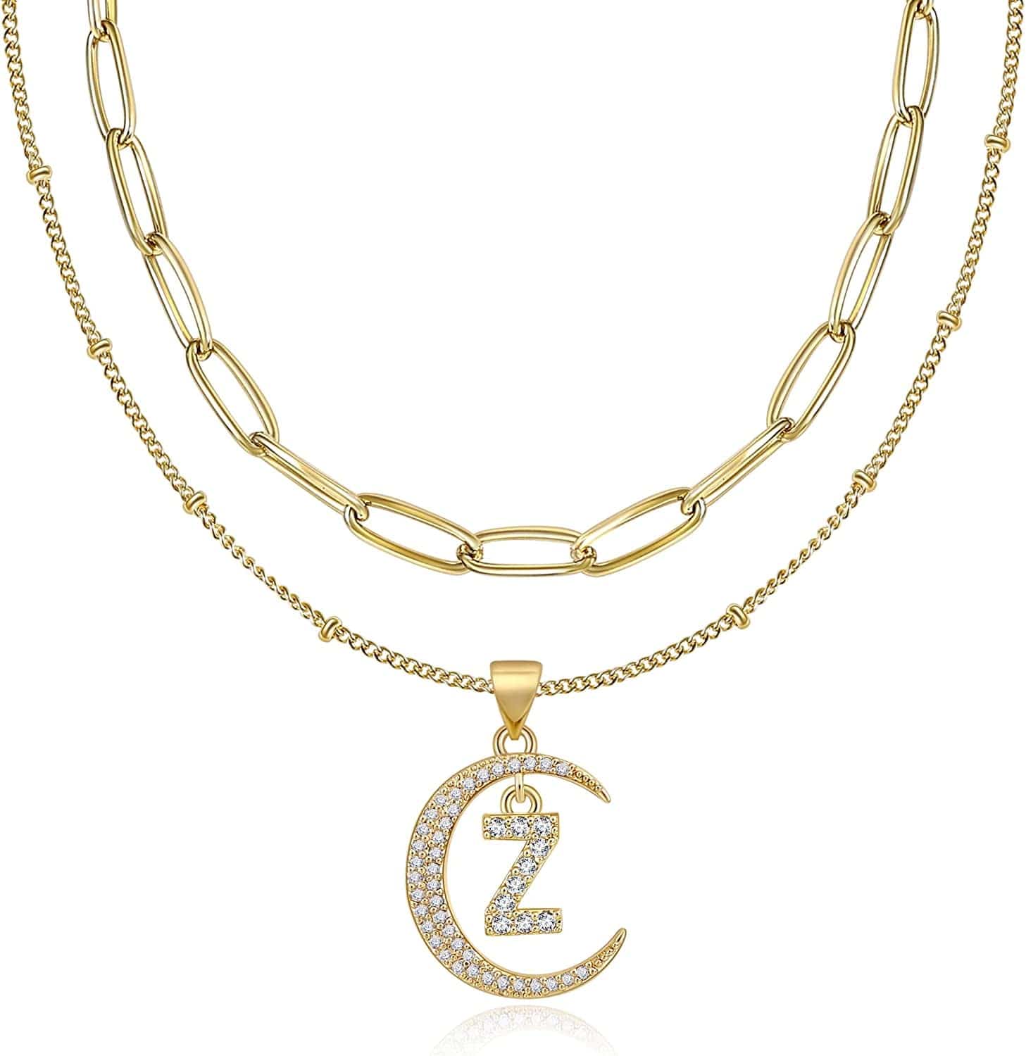 Gold Moon Initial Necklace for Women Cubic Zirconia Necklace Crescent Moon Letter a to Z Pendant Necklaces 14K Gold Plated Dainty Layered Paperclip Link Chain Choker Jewelry Gift for Her Z