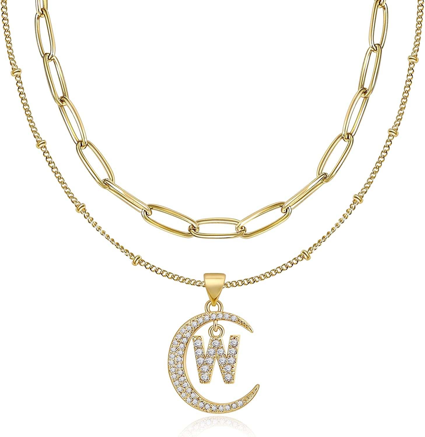 Gold Moon Initial Necklace for Women Cubic Zirconia Necklace Crescent Moon Letter a to Z Pendant Necklaces 14K Gold Plated Dainty Layered Paperclip Link Chain Choker Jewelry Gift for Her W