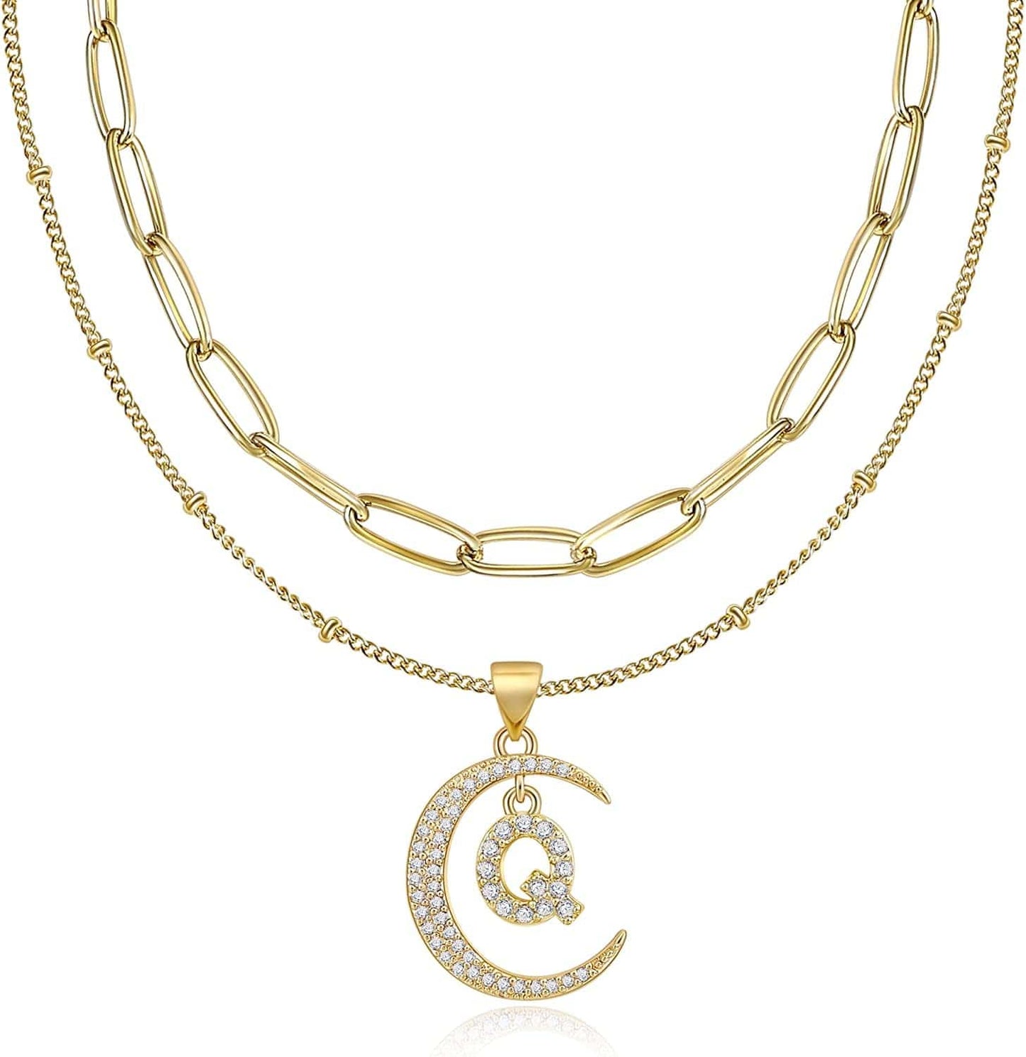 Gold Moon Initial Necklace for Women Cubic Zirconia Necklace Crescent Moon Letter a to Z Pendant Necklaces 14K Gold Plated Dainty Layered Paperclip Link Chain Choker Jewelry Gift for Her Q