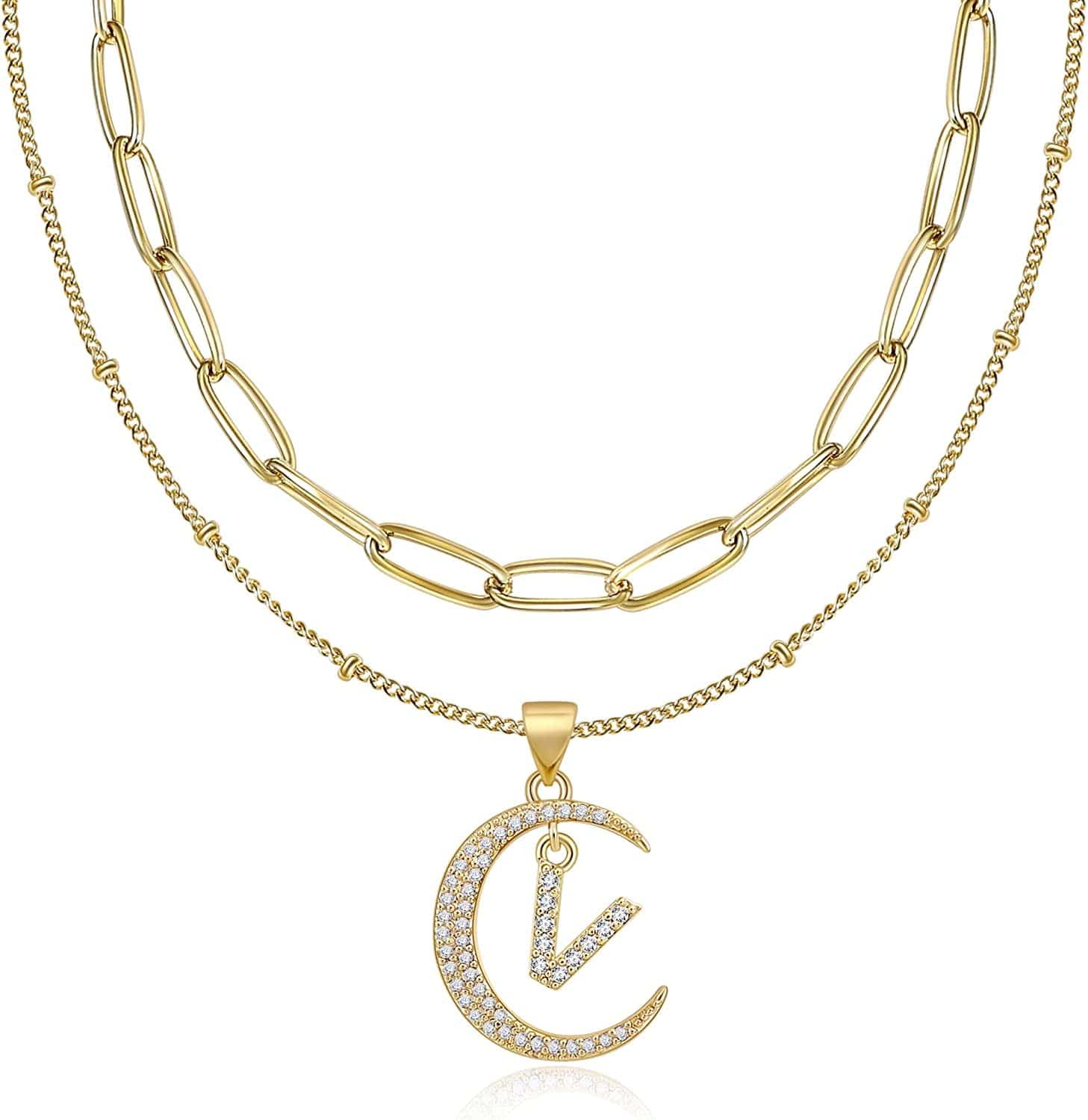 Gold Moon Initial Necklace for Women Cubic Zirconia Necklace Crescent Moon Letter a to Z Pendant Necklaces 14K Gold Plated Dainty Layered Paperclip Link Chain Choker Jewelry Gift for Her V Initial Necklace
