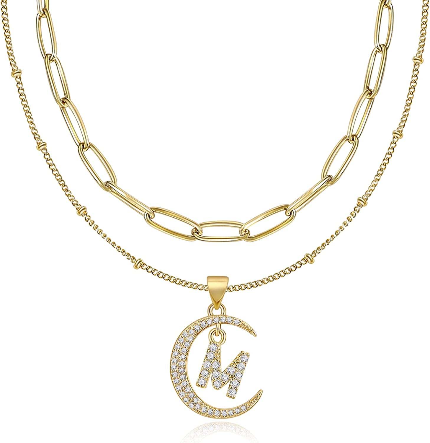 Gold Moon Initial Necklace for Women Cubic Zirconia Necklace Crescent Moon Letter a to Z Pendant Necklaces 14K Gold Plated Dainty Layered Paperclip Link Chain Choker Jewelry Gift for Her M