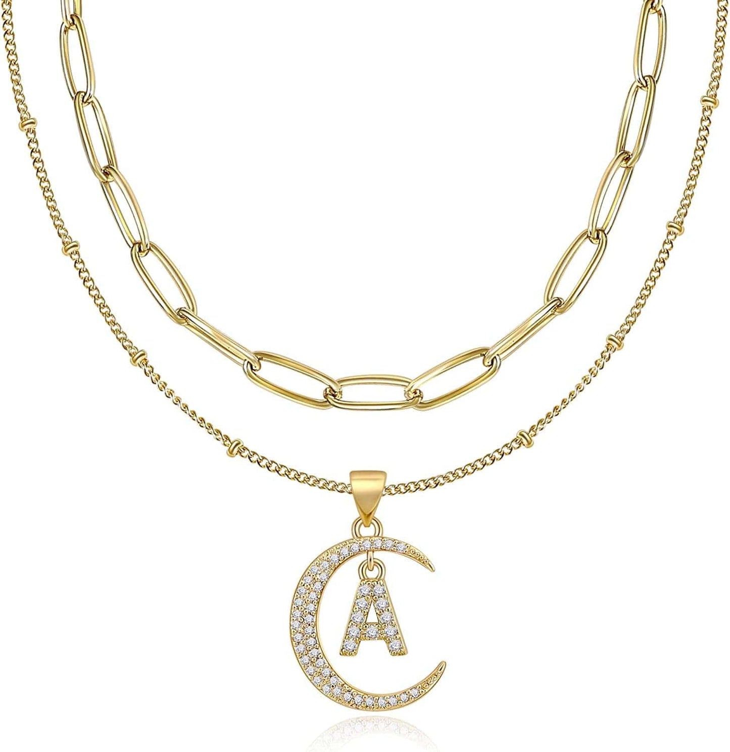 Gold Moon Initial Necklace for Women Cubic Zirconia Necklace Crescent Moon Letter a to Z Pendant Necklaces 14K Gold Plated Dainty Layered Paperclip Link Chain Choker Jewelry Gift for Her A initial necklaces