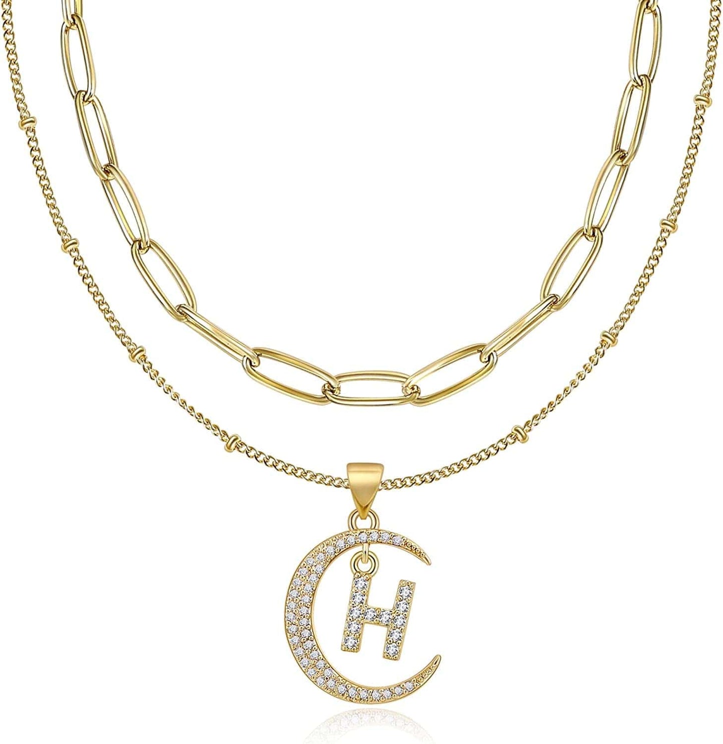 Gold Moon Initial Necklace for Women Cubic Zirconia Necklace Crescent Moon Letter a to Z Pendant Necklaces 14K Gold Plated Dainty Layered Paperclip Link Chain Choker Jewelry Gift for Her H