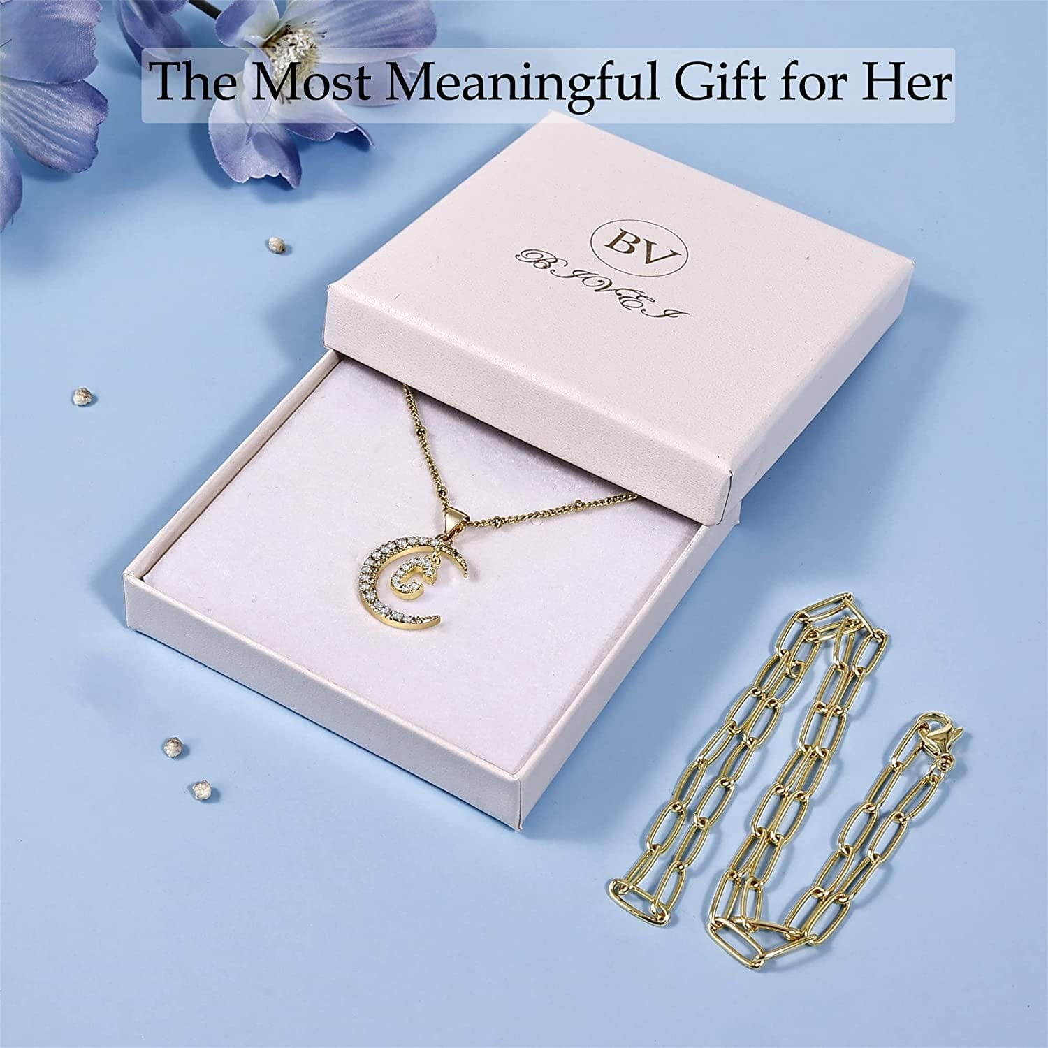Gold Moon Initial Necklace for Women Cubic Zirconia Necklace Crescent Moon Letter a to Z Pendant Necklaces 14K Gold Plated Dainty Layered Paperclip Link Chain Choker Jewelry Gift for Her