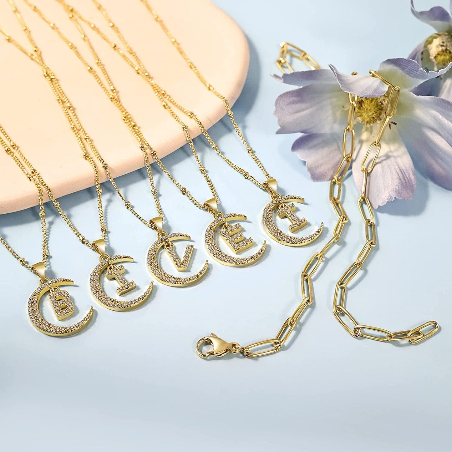 Gold Moon Initial Necklace for Women Cubic Zirconia Necklace Crescent Moon Letter a to Z Pendant Necklaces 14K Gold Plated Dainty Layered Paperclip Link Chain Choker Jewelry Gift for Her