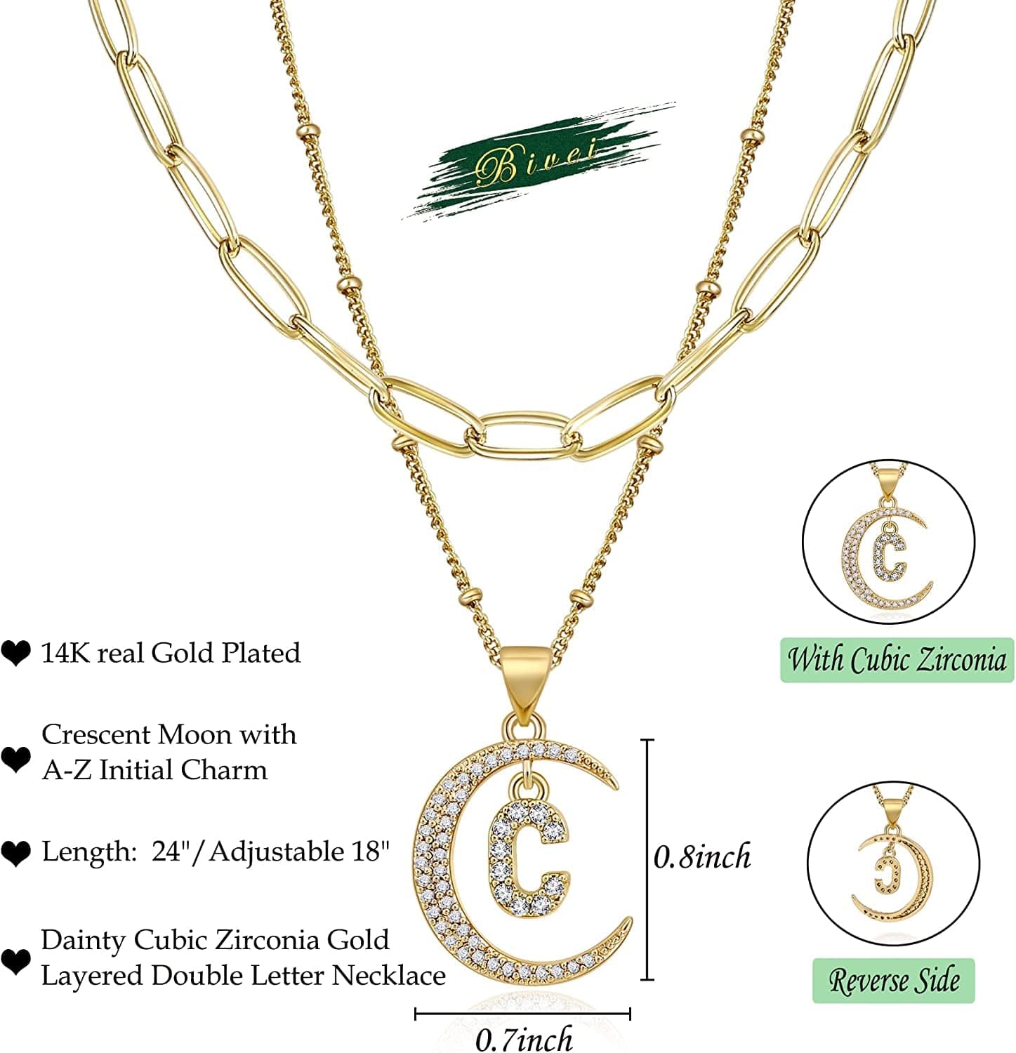 Gold Moon Initial Necklace for Women Cubic Zirconia Necklace Crescent Moon Letter a to Z Pendant Necklaces 14K Gold Plated Dainty Layered Paperclip Link Chain Choker Jewelry Gift for Her