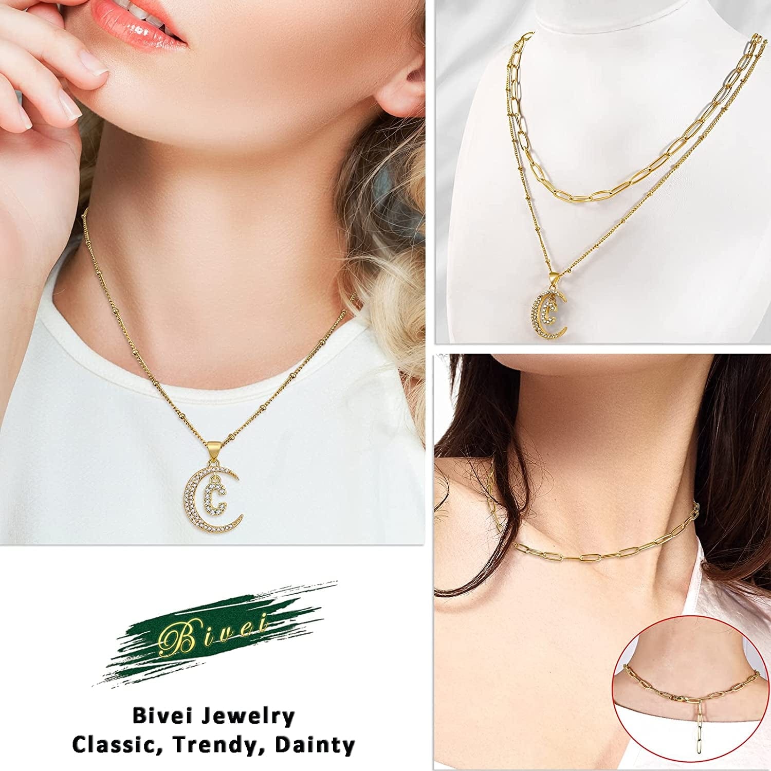 Gold Moon Initial Necklace for Women Cubic Zirconia Necklace Crescent Moon Letter a to Z Pendant Necklaces 14K Gold Plated Dainty Layered Paperclip Link Chain Choker Jewelry Gift for Her