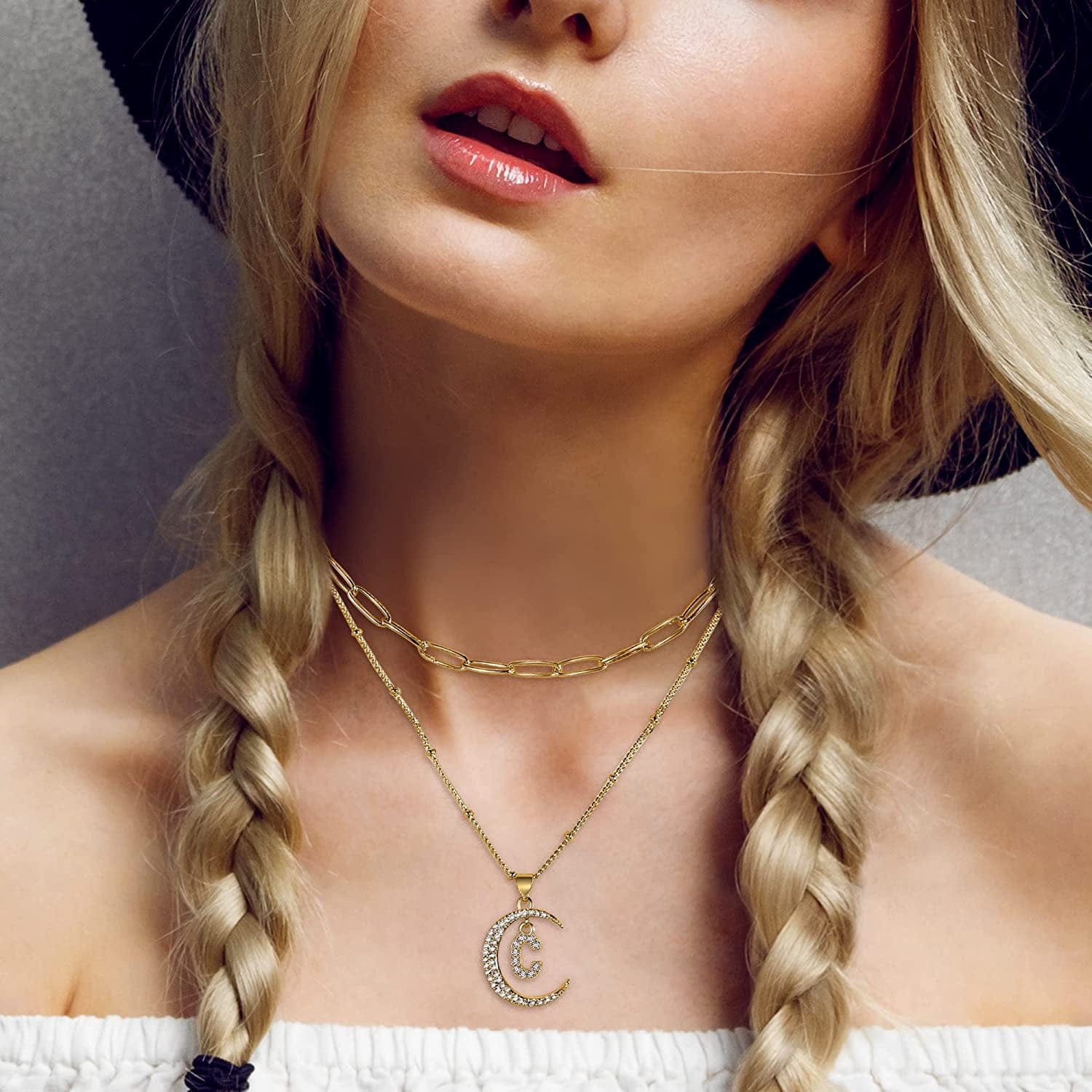 Gold Moon Initial Necklace for Women Cubic Zirconia Necklace Crescent Moon Letter a to Z Pendant Necklaces 14K Gold Plated Dainty Layered Paperclip Link Chain Choker Jewelry Gift for Her