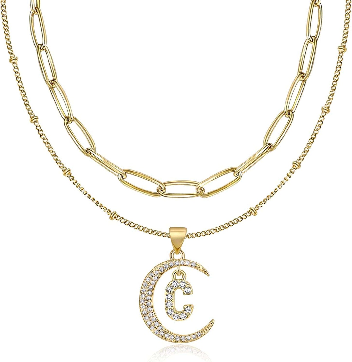 Gold Moon Initial Necklace for Women Cubic Zirconia Necklace Crescent Moon Letter a to Z Pendant Necklaces 14K Gold Plated Dainty Layered Paperclip Link Chain Choker Jewelry Gift for Her C
