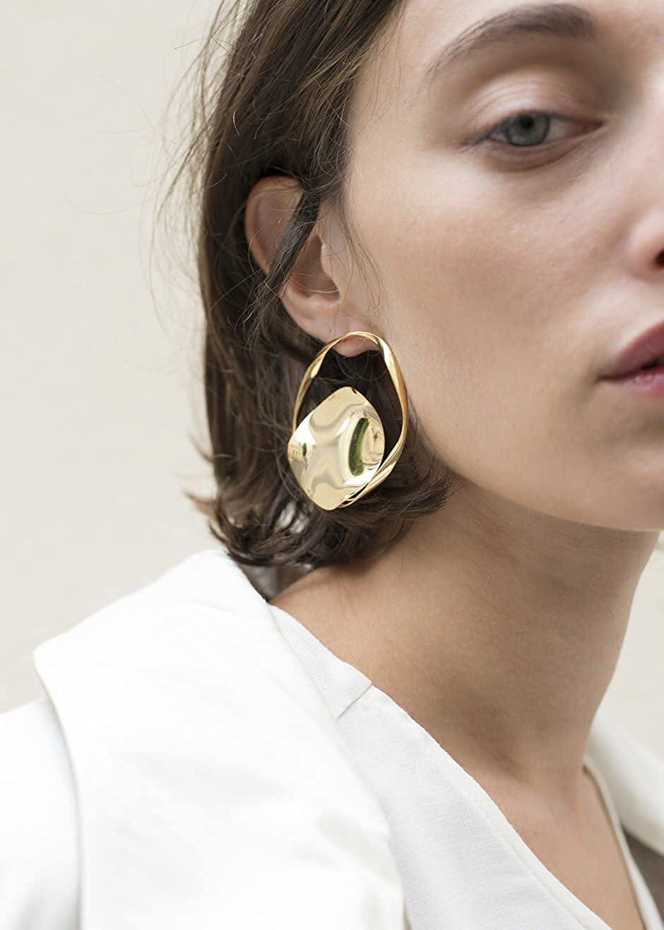 Gold Statement Hoop Earrings Studs Metallic Minimalist Fashion Jewelry for Women