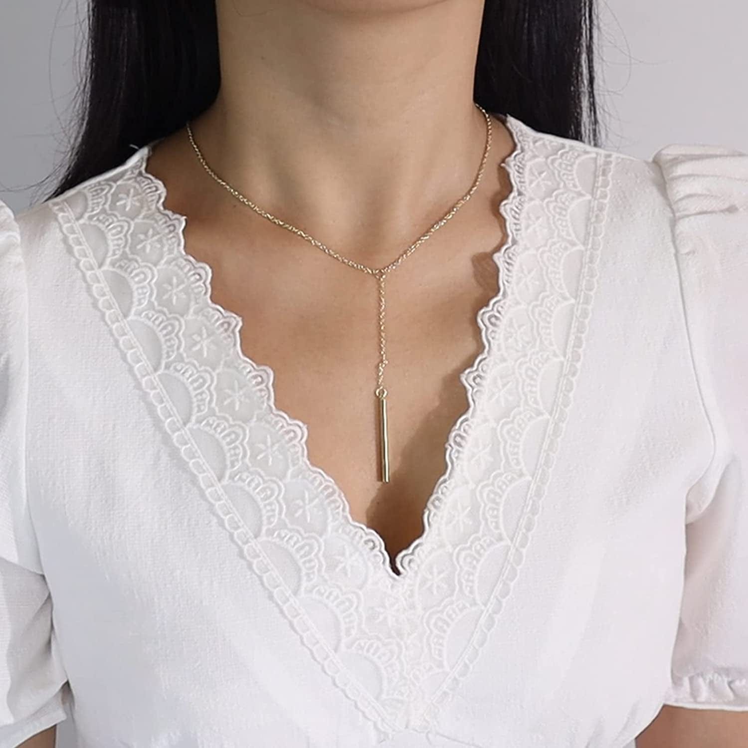 Gold Y Lariat Necklaces for Women Zircon Drop Pendant Necklace Long Chain Necklace for Girls