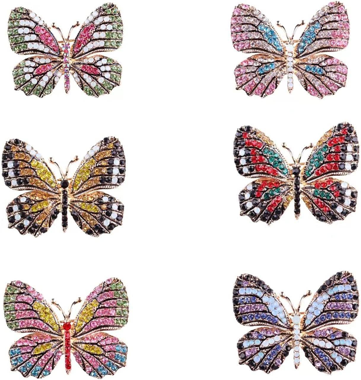 GOLDEN STRAWBERRY 6 PCS Multicolor Rhinestone Crystal Butterfly Brooch Pin Lapel Pin for Women (6 Colors)