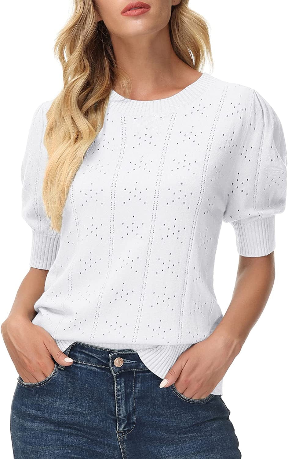 GRACE KARIN Womens Lightweight Soft Summer Puff Short Sleeve Tops Thin Pullover Sweater Knit Shirt Blouse Bright White / XX-Large
