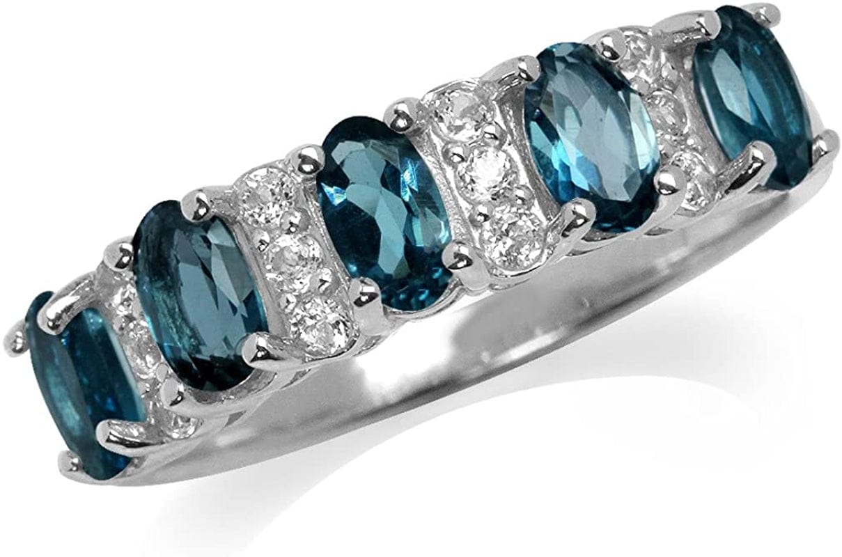 Graduated 5 Stone Gemstones White Gold Plated 925 Sterling Silver Ring Jewelry for Women 9.5 / genuine london blue topaz - december birthstone