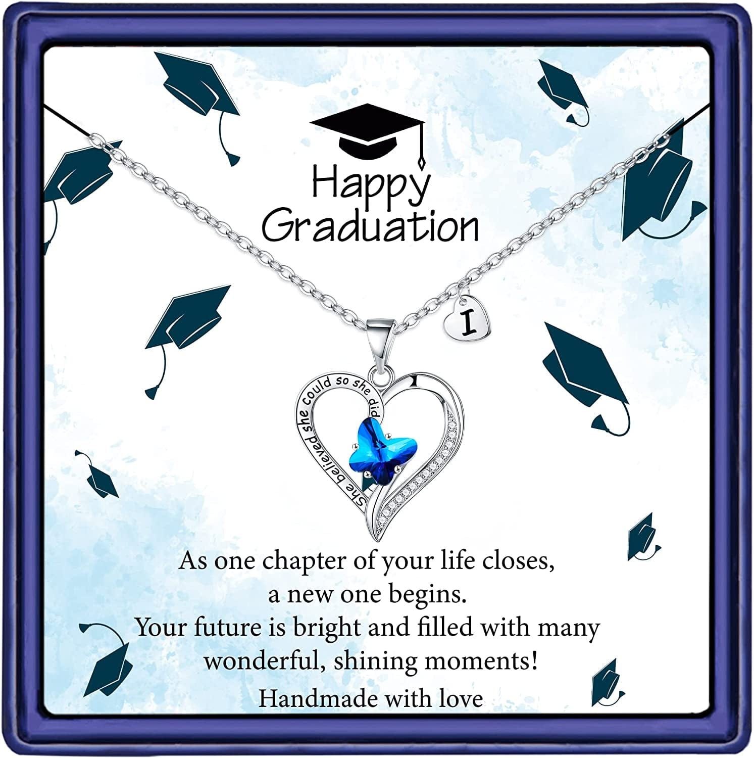 Graduation Gifts for Her 2022,College Graduation Gifts 14K White Gold Plated Graduation Butterfly Necklace Heart Pendant Initial Necklaces for Women Elementary High School Graduation Gifts for Girls I