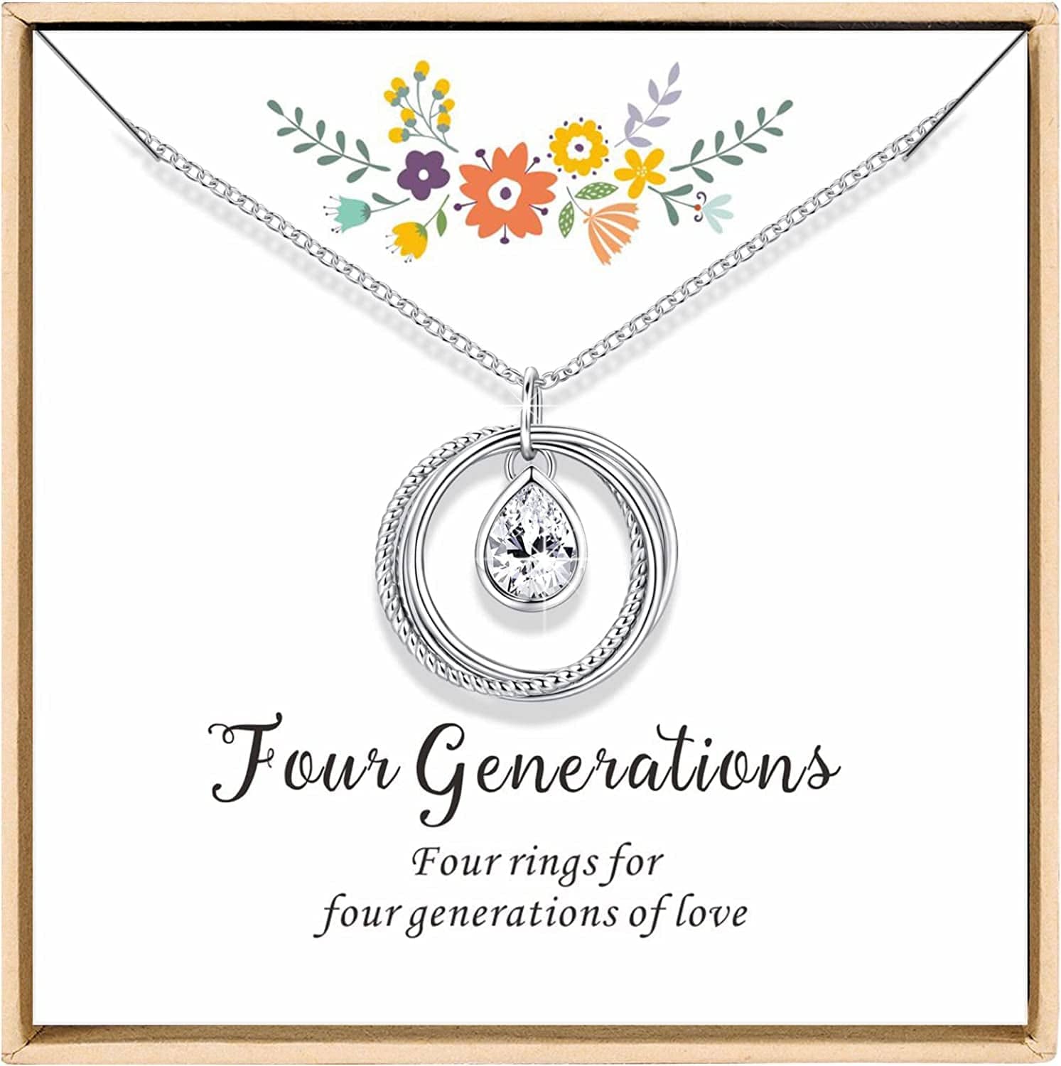 Great Grandma Gifts, Four Generations Necklace, Sterling Silver Four Circles Generation Necklace Gifts for Great Grandma with Birthstone Zirconia, Birthday Jewelry Gift Four Generations Necklace