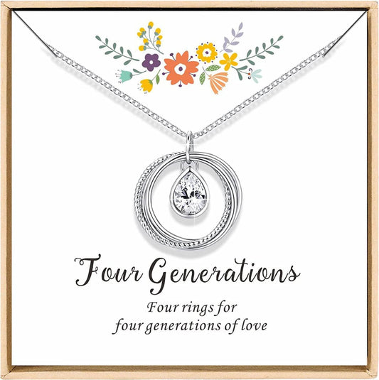 Great Grandma Gifts, Four Generations Necklace, Sterling Silver Four Circles Generation Necklace Gifts for Great Grandma with Birthstone Zirconia, Birthday Jewelry Gift Four Generations Necklace