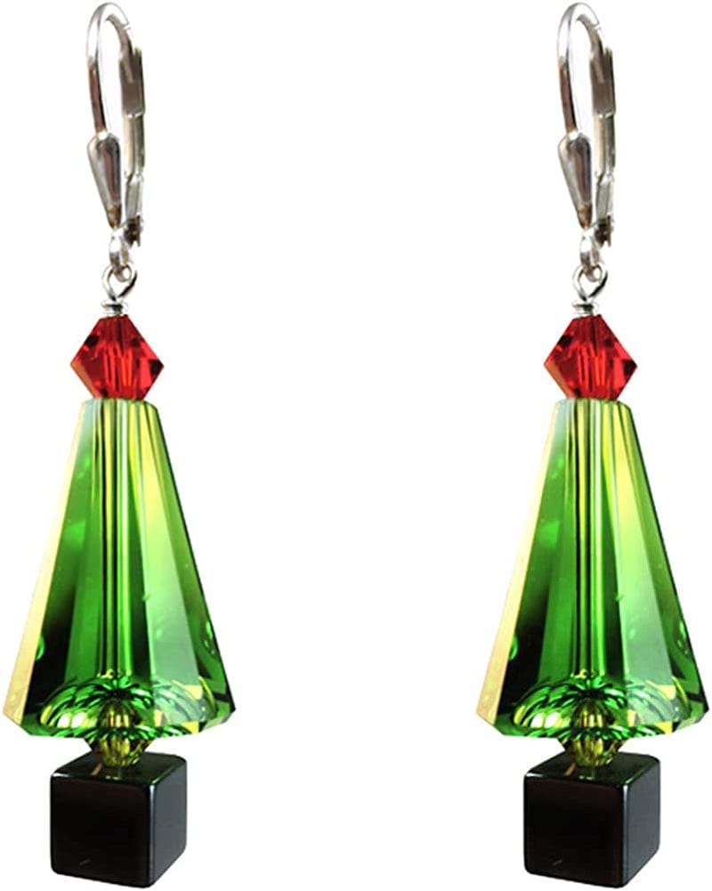 Green Christmas Tree Earrings Made with Swarovski Crystal Elements Silver Leverback