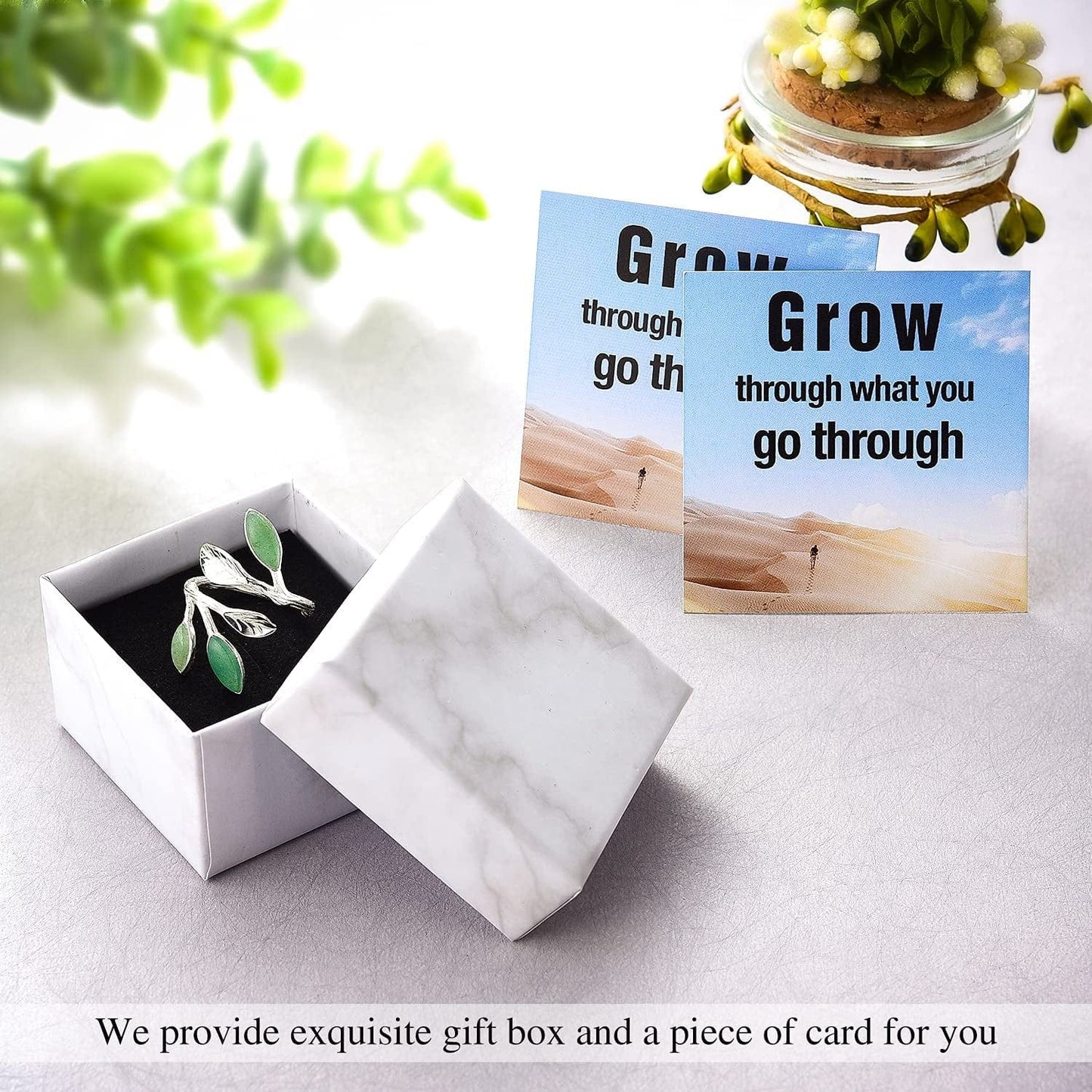 Grow through What You Go through Rings with Card,925 Sterling Silver Marquise Shape Jade Aventurine Open Leaf Rings Olive Leaf Rings Handmade Jewelry Unique Gifts for Women Mother Mom Wife Girls