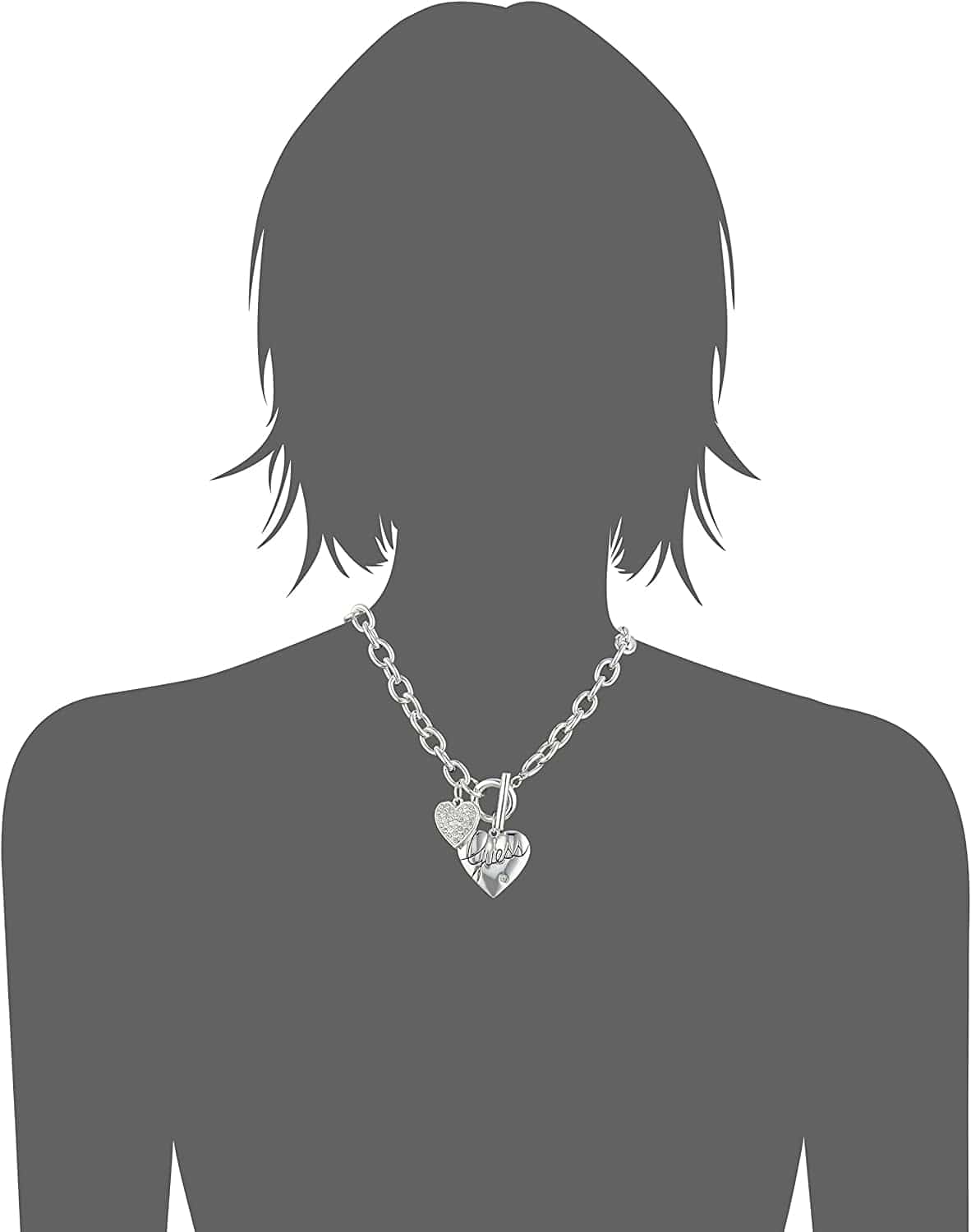GUESS "Basic Silver Logo Heart and Pave Heart Toggle Pendant Necklace