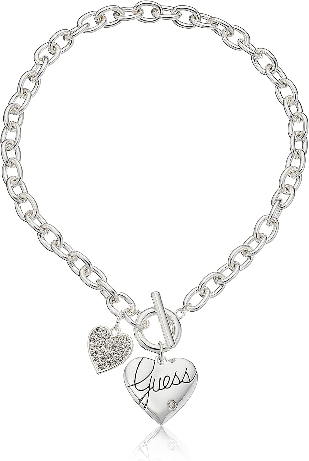GUESS "Basic Silver Logo Heart and Pave Heart Toggle Pendant Necklace