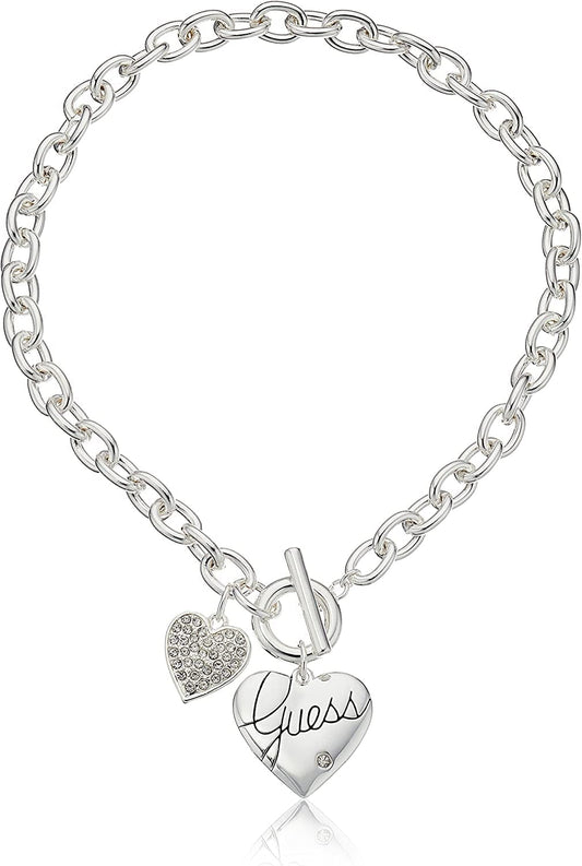 GUESS "Basic Silver Logo Heart and Pave Heart Toggle Pendant Necklace