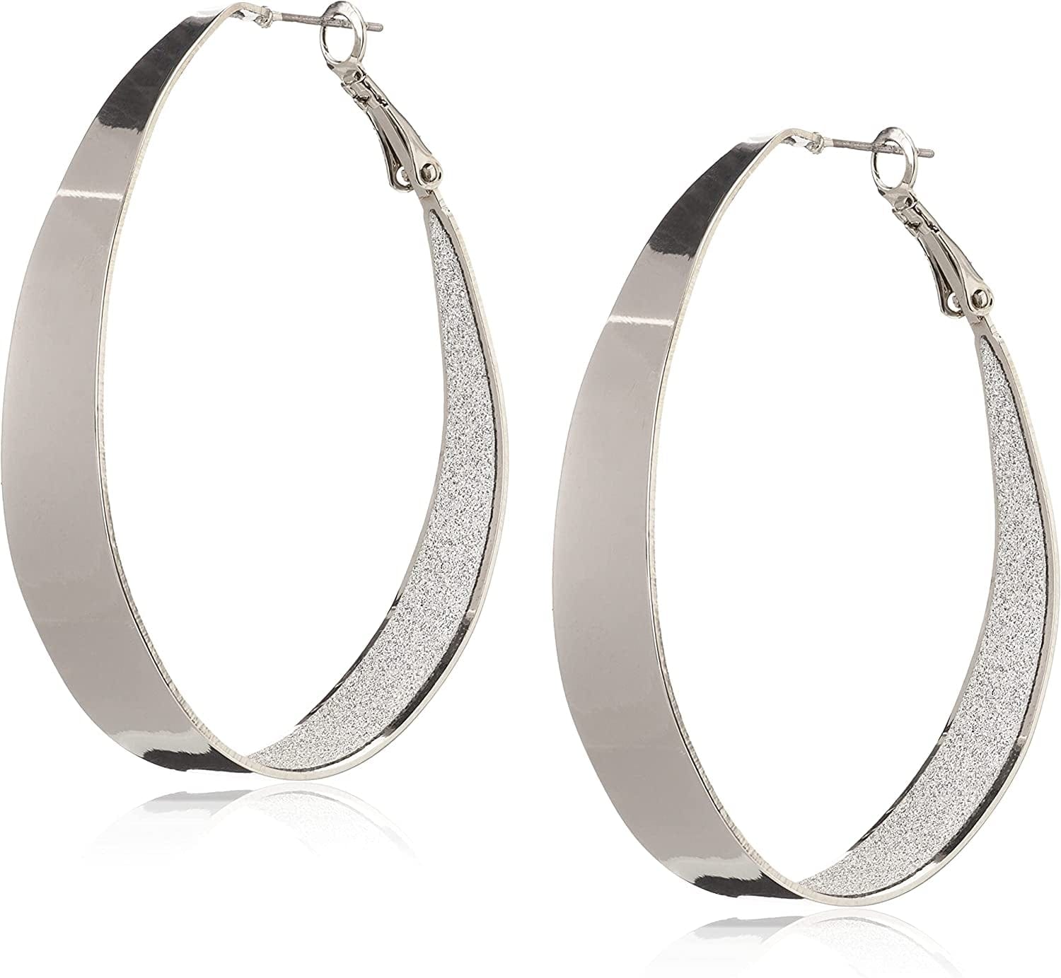 Guess Large Oval Glitter Hoop Earrings Silver