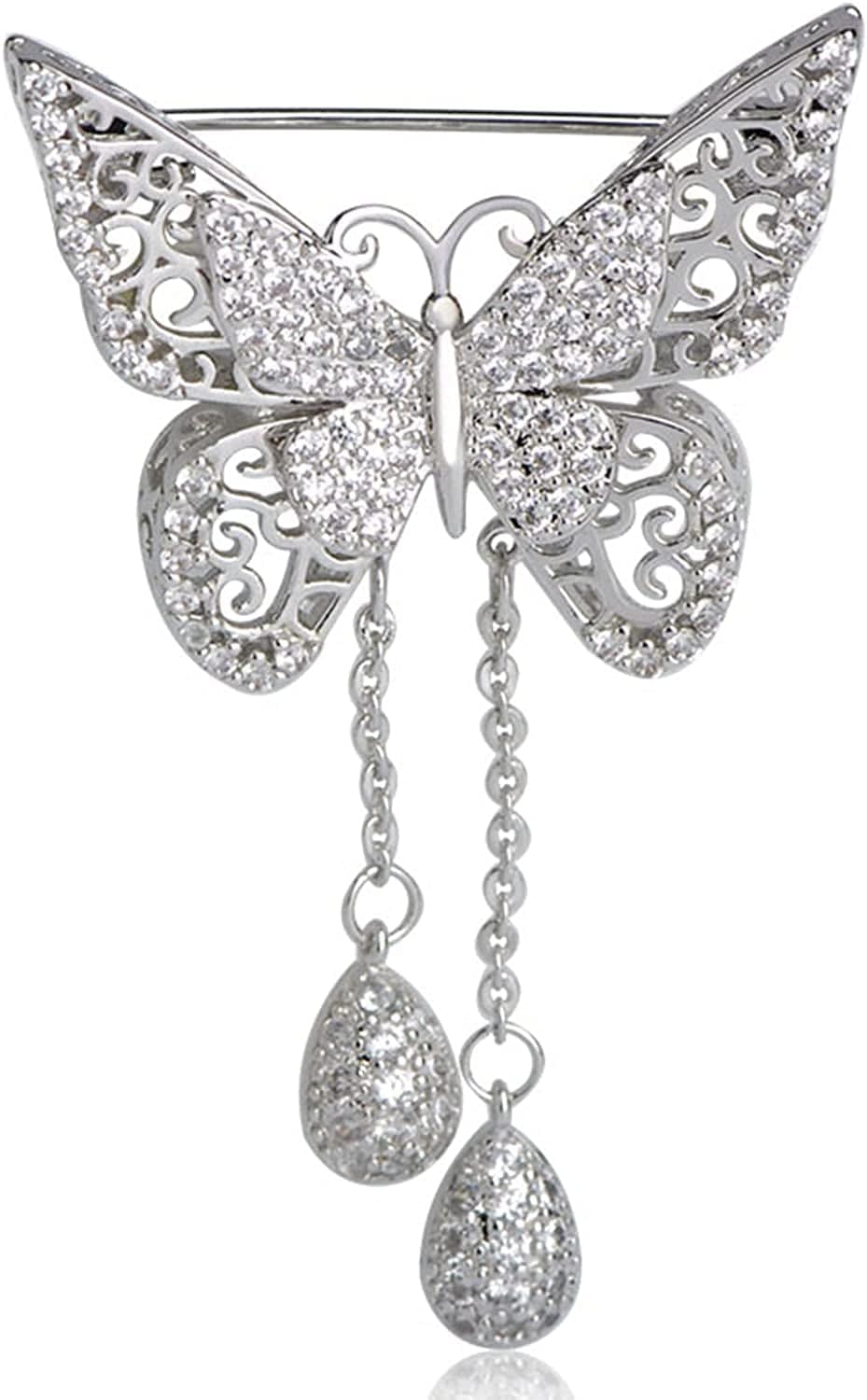 Guoshang Women Hollow Out Butterfly Brooch Pin with Pendant Butterfly Lapel Pin for Coats Jackets Sweaters Accessories,Gold,1 Pc Silver / 1 Pc