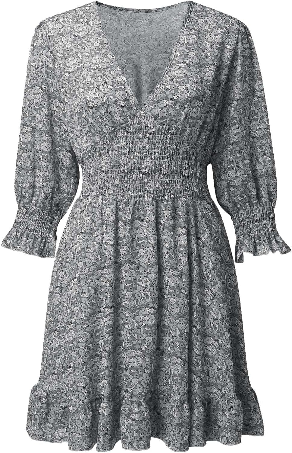 Guteidee Womens Casual Boho Floral Print Mini Dress Deep V Neck Ruffle 3/4 Lantern Sleeve a Line Flowy Beach Short Dress