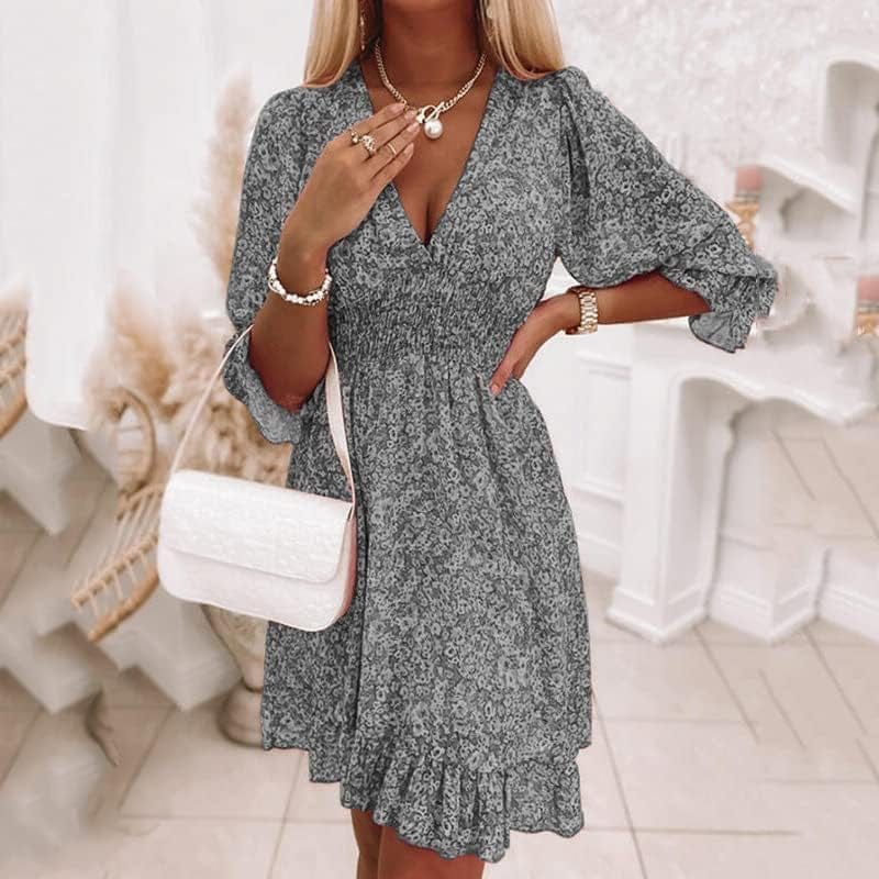Guteidee Womens Casual Boho Floral Print Mini Dress Deep V Neck Ruffle 3/4 Lantern Sleeve a Line Flowy Beach Short Dress