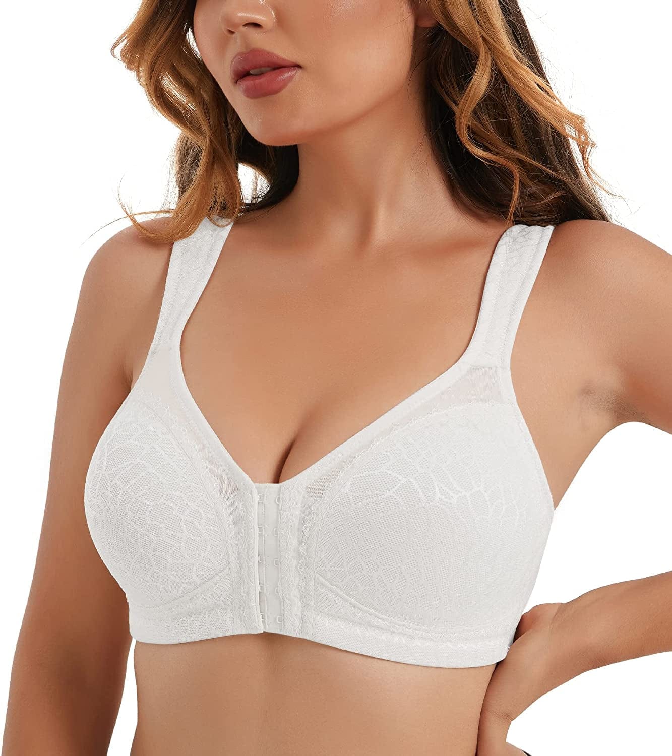 HACI Women'S Front Closure Posture Bra Full Coverage Back Support Wireless Comfy White / 36DD