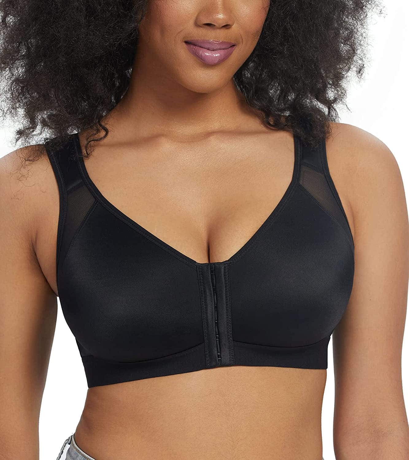 HACI Women'S Front Closure Posture Bra Full Coverage Back Support Wireless Comfy Adjustable: Black / 38D