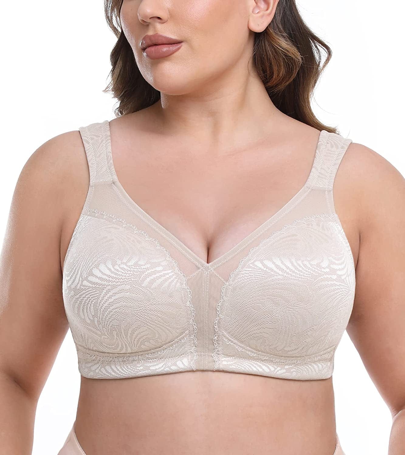 HACI Women'S Full Coverage Non Padded Wirefree plus Size Minimizer Bra for Large Bust Support Seamless Floral Toffee / 38G