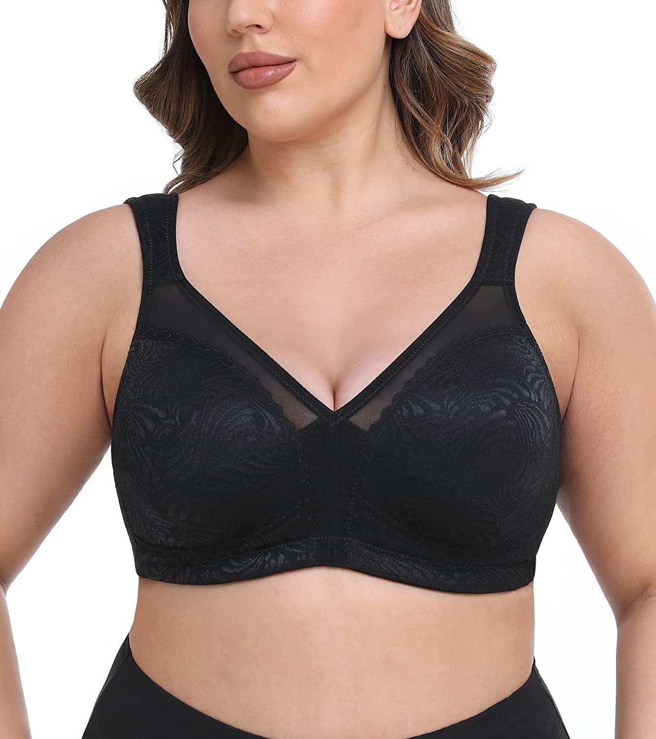 HACI Women'S Full Coverage Non Padded Wirefree plus Size Minimizer Bra for Large Bust Support Seamless Floral Black / 46D