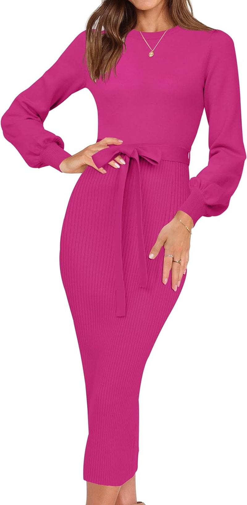 HAEOF Womens 2023 Fall & Winter Sweater Dress Elegant Ribbed Knit Crewneck Long Puff Sleeve Bodycon Midi Dress with Belt Rose / X-Large